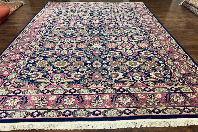 Turkish Rug 9x12 Oriental Carpet 9 x 12 Persian Design Rug, Mina Khani, Dark Blue Purple/Red, Allover Repeated Floral, Vintage Handmade Wool - Jewel Rugs