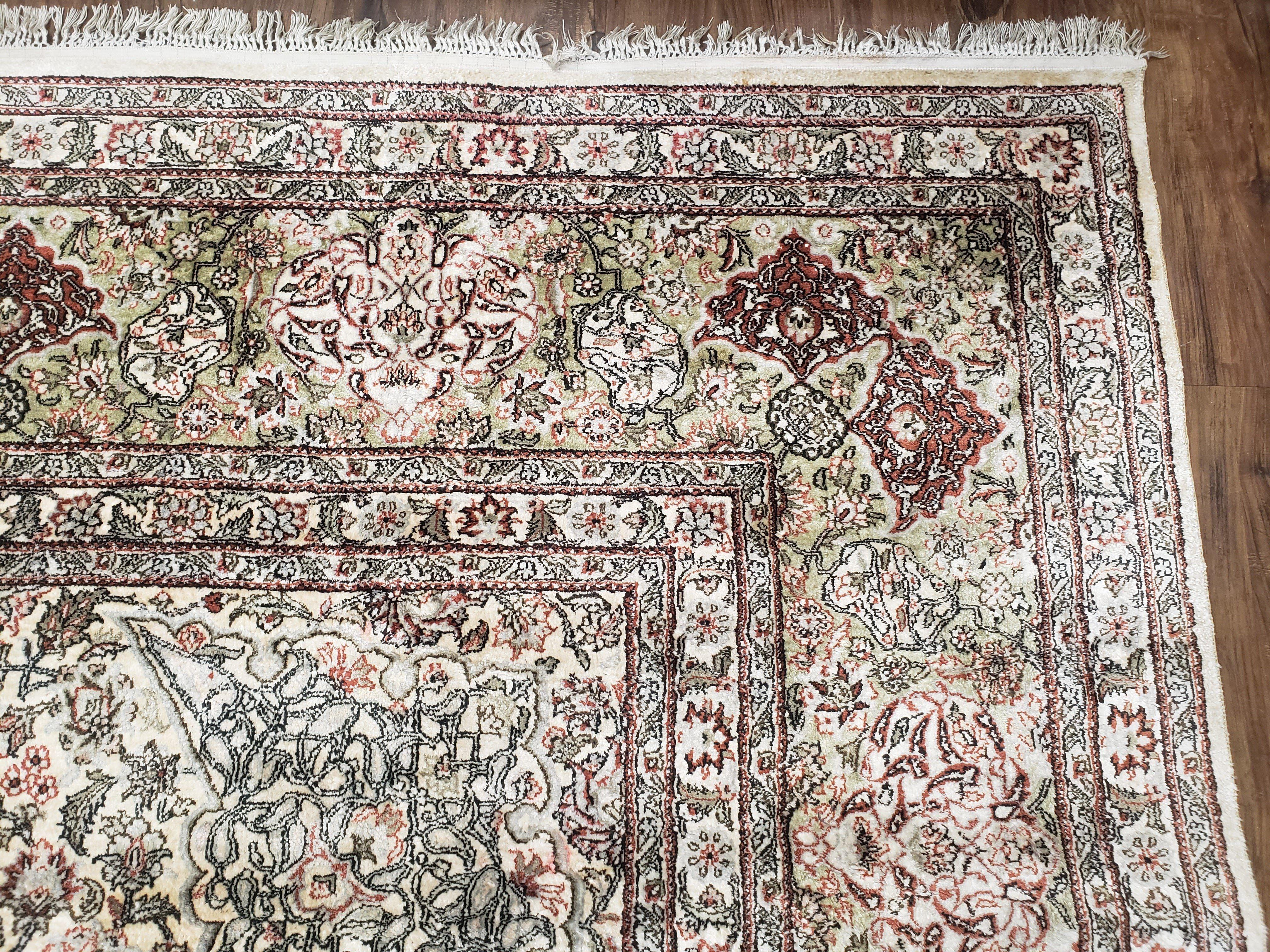 Vintage Indian Room Sized Silk Rug 8x10, Indo Kashmiri Carpet, Hand-Knotted Persian Oriental Carpet, Floral Medallion Allover Pattern, Ivory - Jewel Rugs
