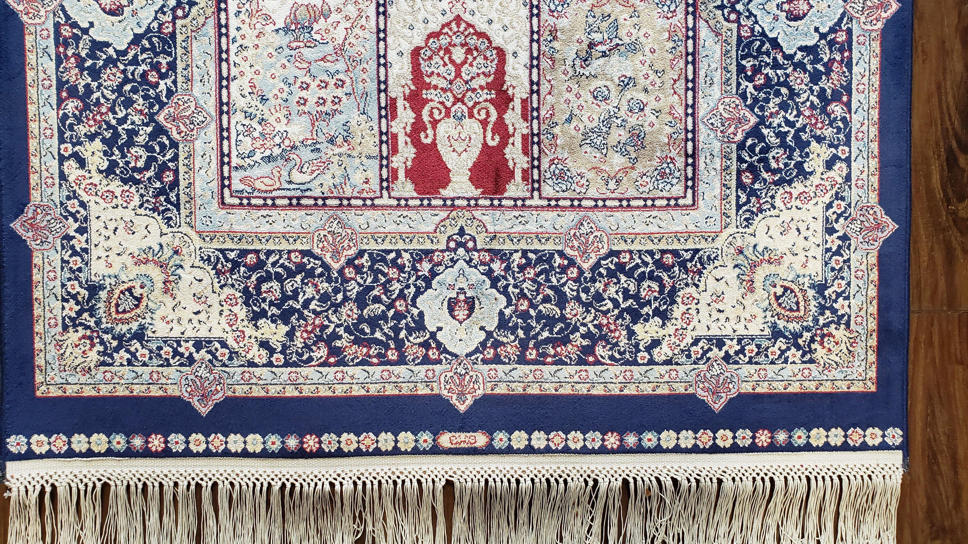 Silk Rug Turkish, Panel Design, Blues and Ivory, Bamboo Silk, Turkish Silk Carpet, Short Runner Rug, New Oriental Carpet, 2' 8" x 6' 7" - Jewel Rugs