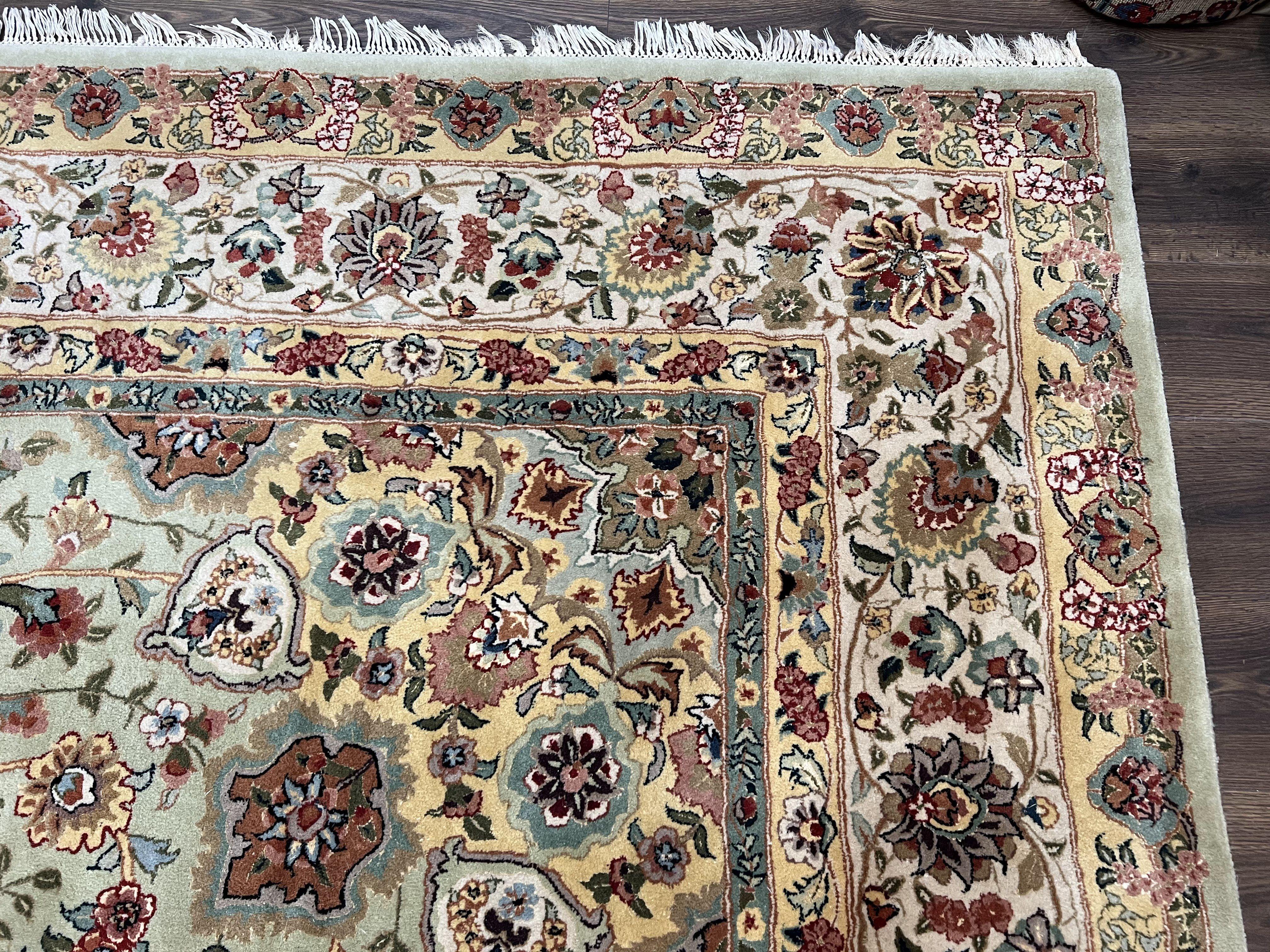 Large Oriental Rug 10x14, Persian Design Carpet 10 x 14, Vintage Hand-Tufted Wool Rug, Floral Medallion, Pastel Green Ivory Light Yellow - Jewel Rugs