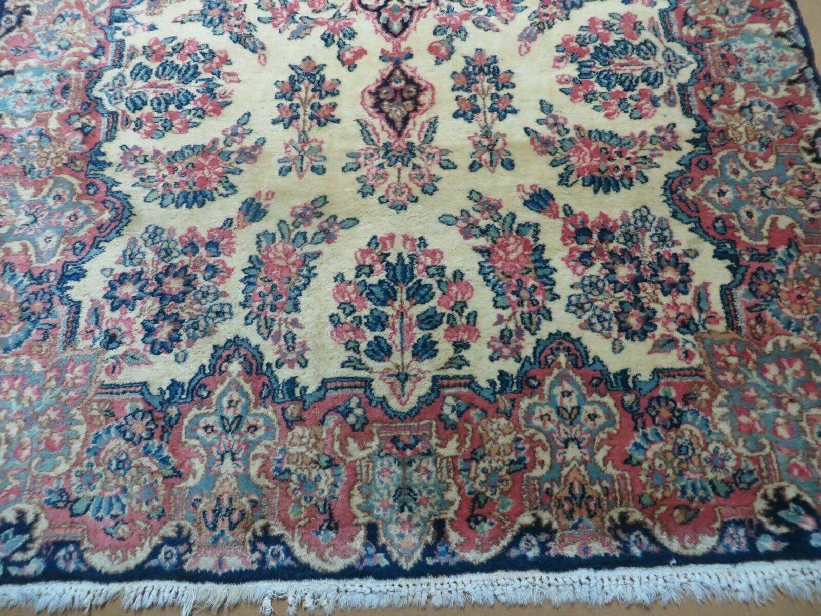 Antique Persian Kirman Rug 3.9 x 6.6, Floral Oriental Carpet, Ivory/Cream - Blue - Pink, Hand Knotted Wool Rug, Floral Medallion Rug 4x6 - Jewel Rugs