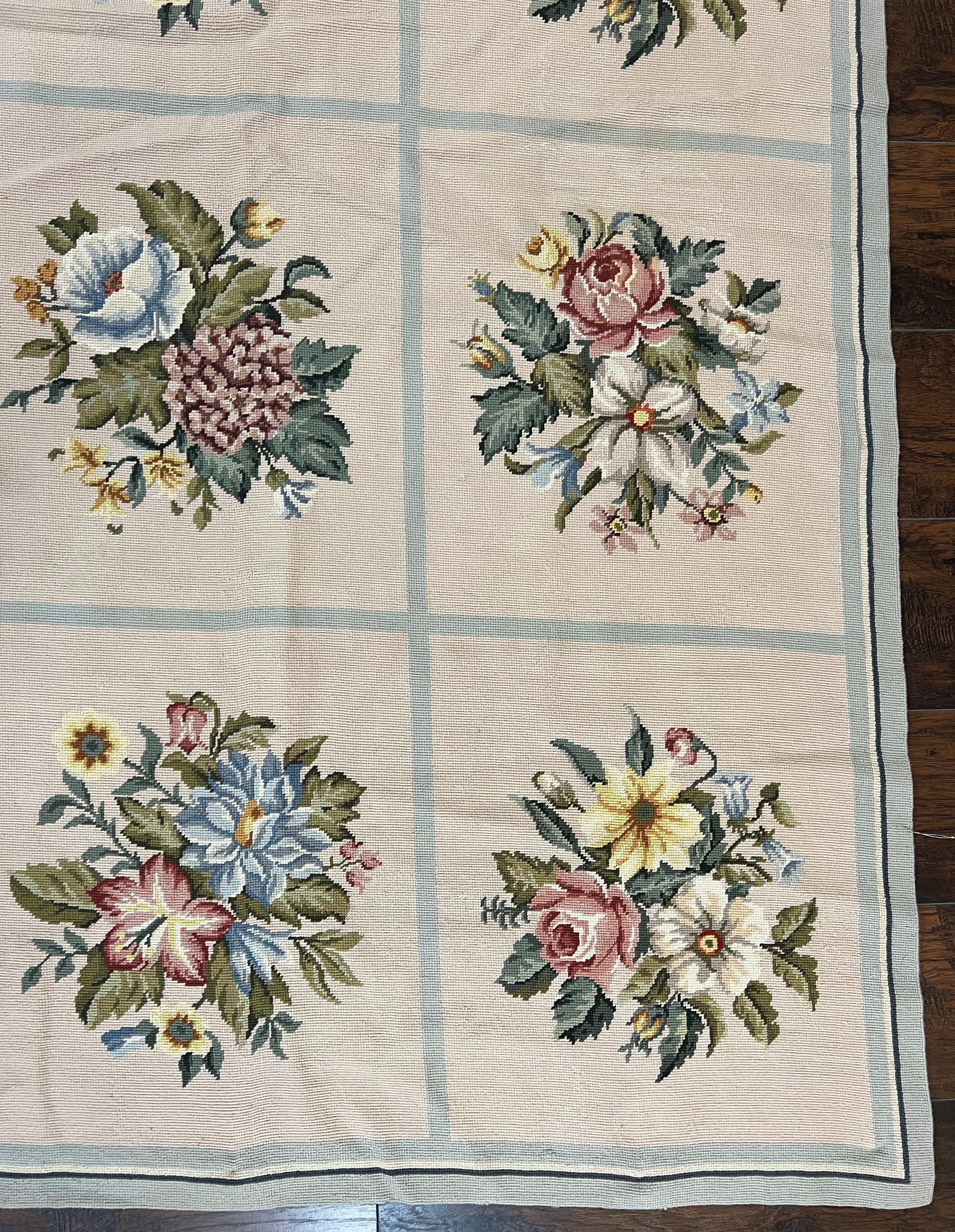 Needlepoint Rug 9x12, Panel Design, Cream and Light Blue, Floral Bouquets, Wool Flatweave Vintage Needlepoint Carpet 9 x 12 ft, Elegant Rug - Jewel Rugs