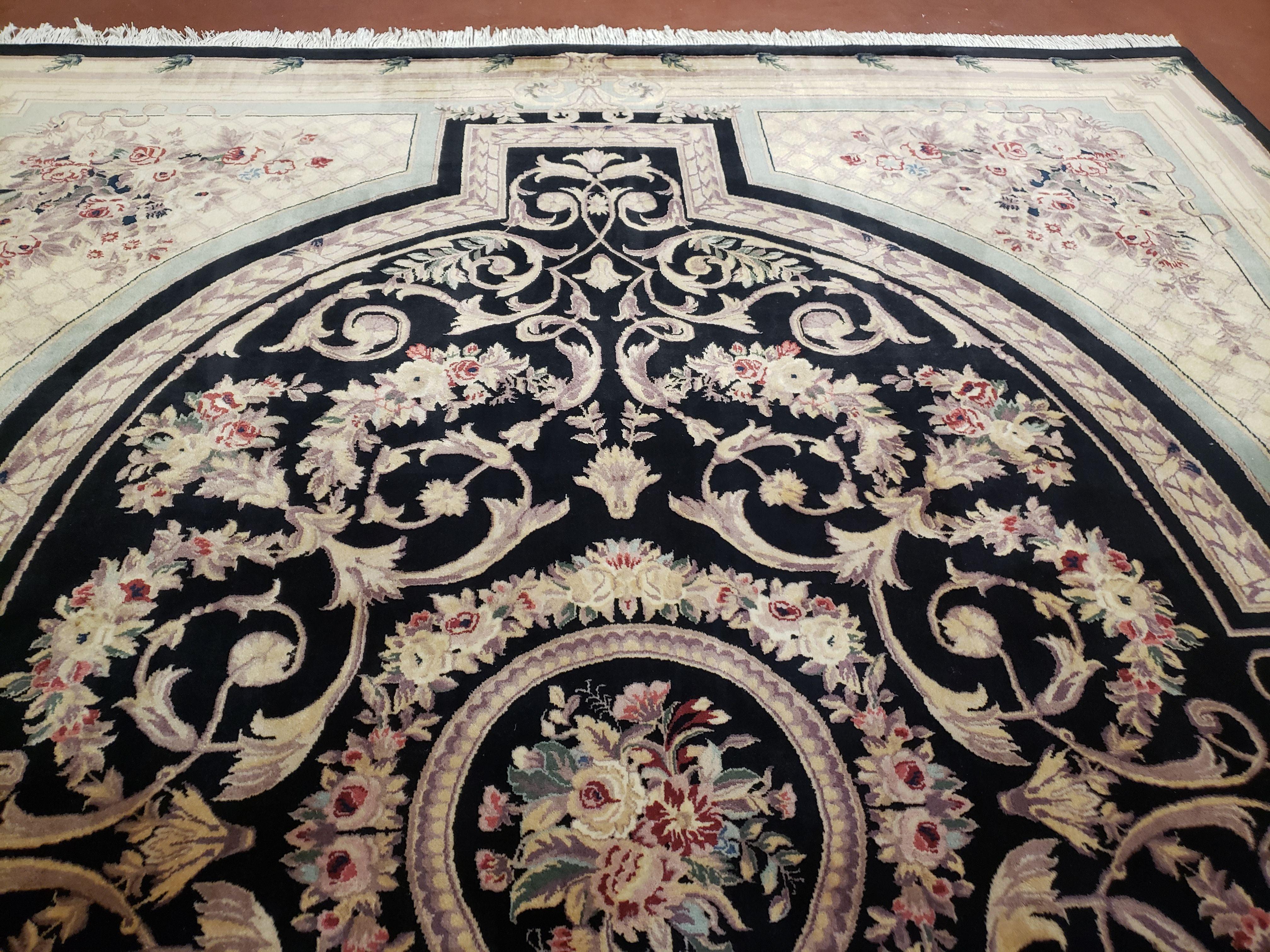 8x10 Aubusson Rug, Fine Hand Knotted Wool Carpet, French European Design, Black & Ivory - Jewel Rugs