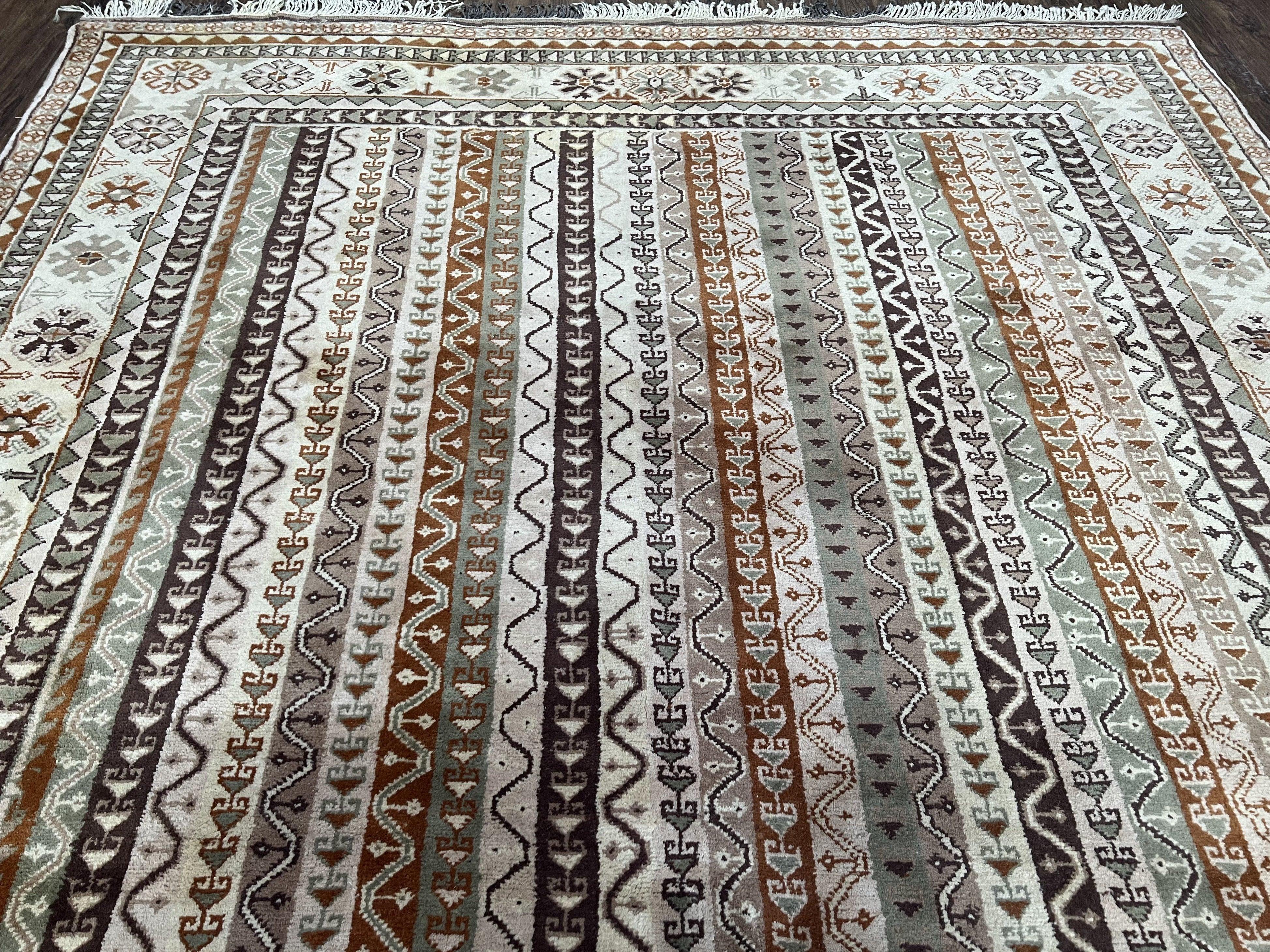 Striped Turkish Anatolian Rug 6x7 Almost Square Shaped Carpet Handmade Vintage Oriental Rug, Living Room Rug, Neutral Colors Cream, Wool Rug - Jewel Rugs