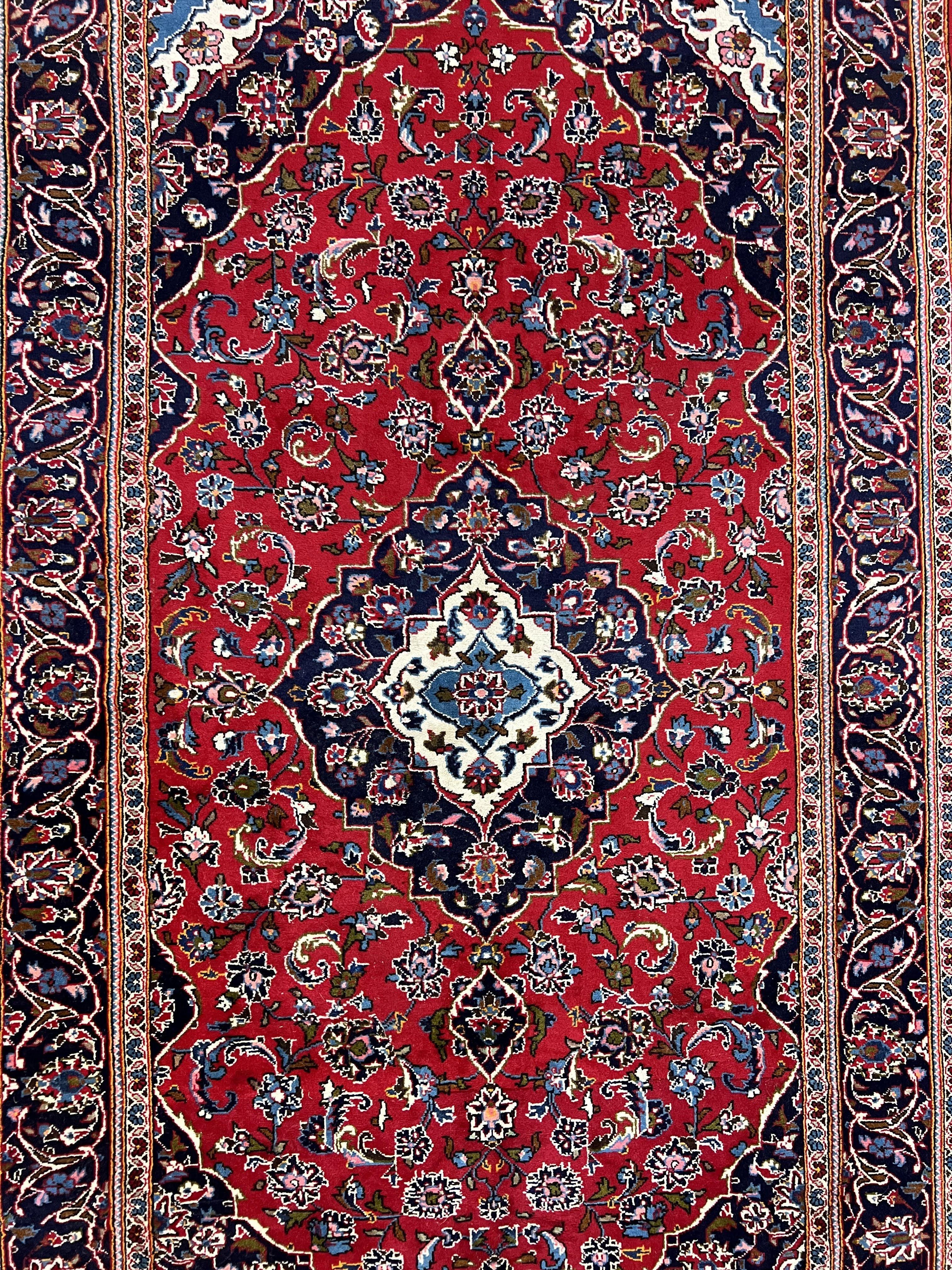 Persian Kashan Rug 4.9 x 8.5, Red and Navy Blue Semi Antique Vintage Wool Oriental Carpet, Hand Knotted Rug, Floral Medallion, High Quality Rug - Jewel Rugs