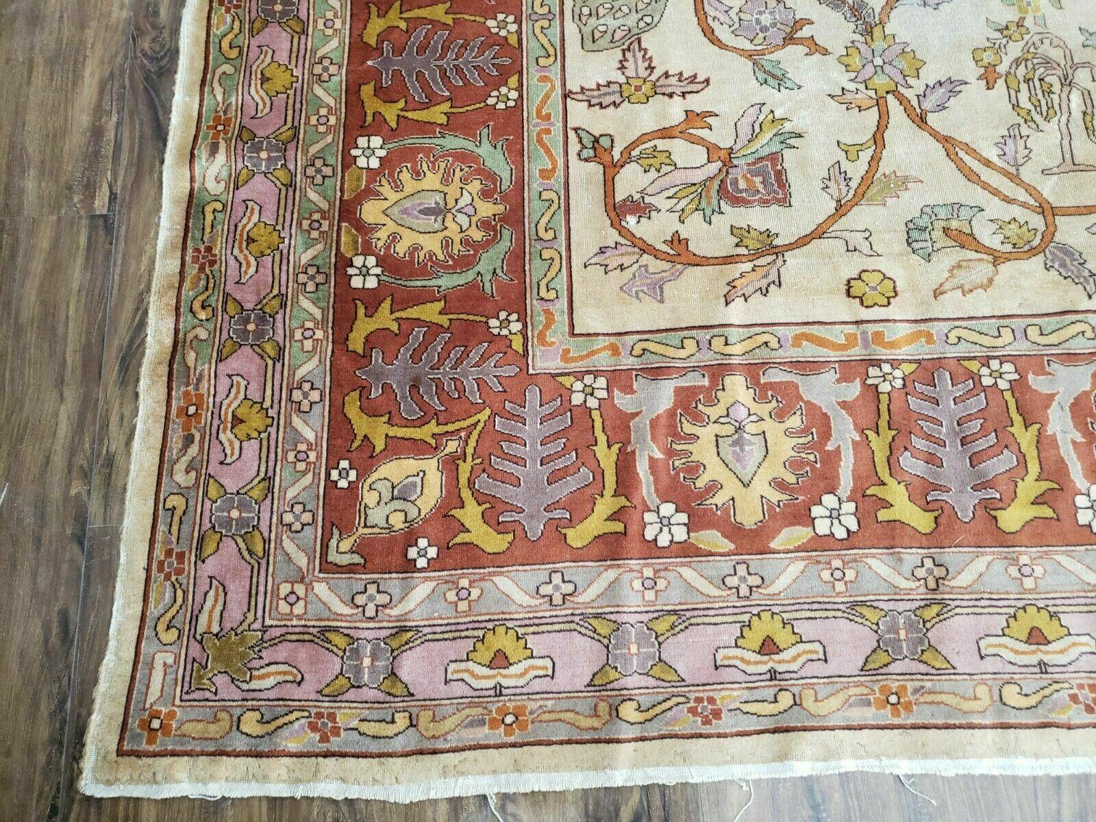 12' X 15' Antique Handmade Indo Larastan Birds Peacocks Animal Pictorial Wool Rug Oriental Carpet Oatmeal Color - Jewel Rugs