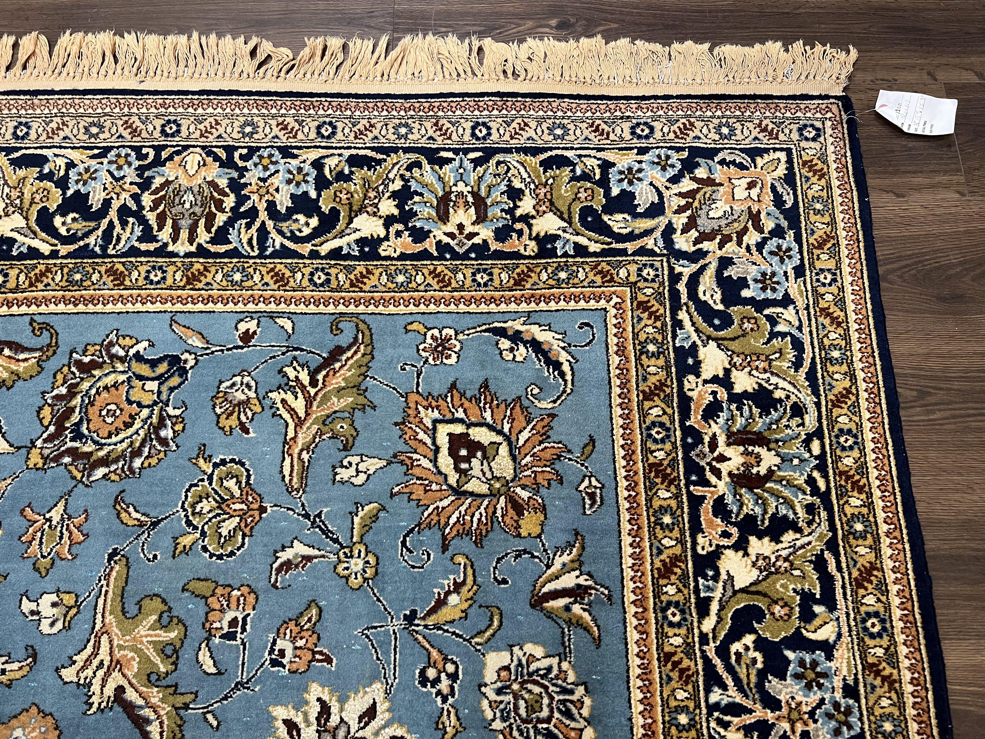 Marvelous Light Blue Persian Qum Rug 9x12, Top Quality Floral Allover Semi Antique Hand Knotted Authentic Ghom Qom Persian Carpet 9x12, Wool & Silk Highlights - Jewel Rugs