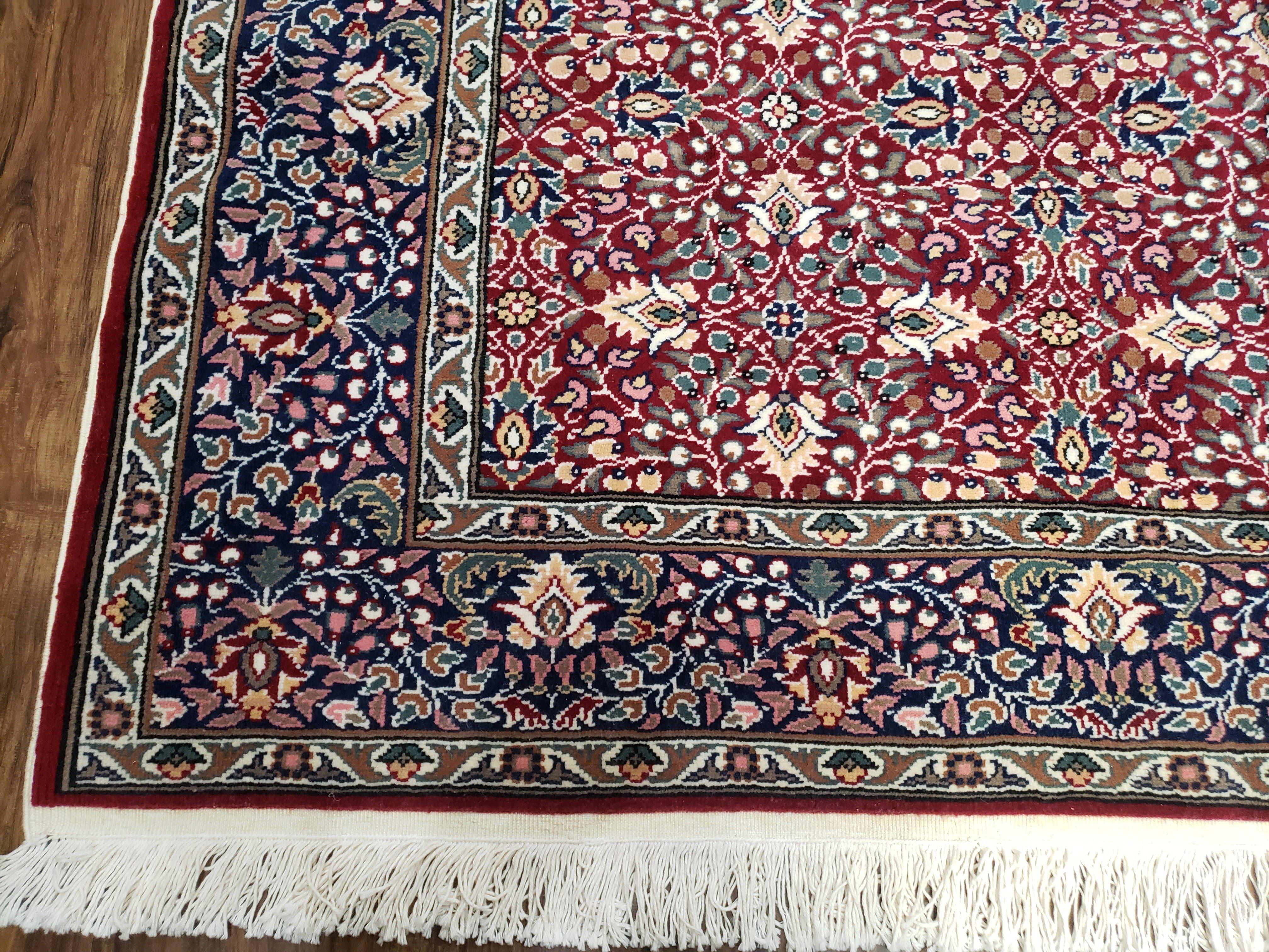 Vintage Turkish Sivas Area Rug 6.5 x 9.5, Wool Hand-Knotted Red & Midnight Blue Allover Floral Pattern Oriental Carpet, 6x9 Traditional Rug - Jewel Rugs