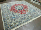 Semi Antique Persian Nain Rug, Square Oriental Carpet, 6'3" x 6' 8", Hand-Knotted, Wool with Silk Accents, Ivory Red Blue, 6ft Square Rug - Jewel Rugs