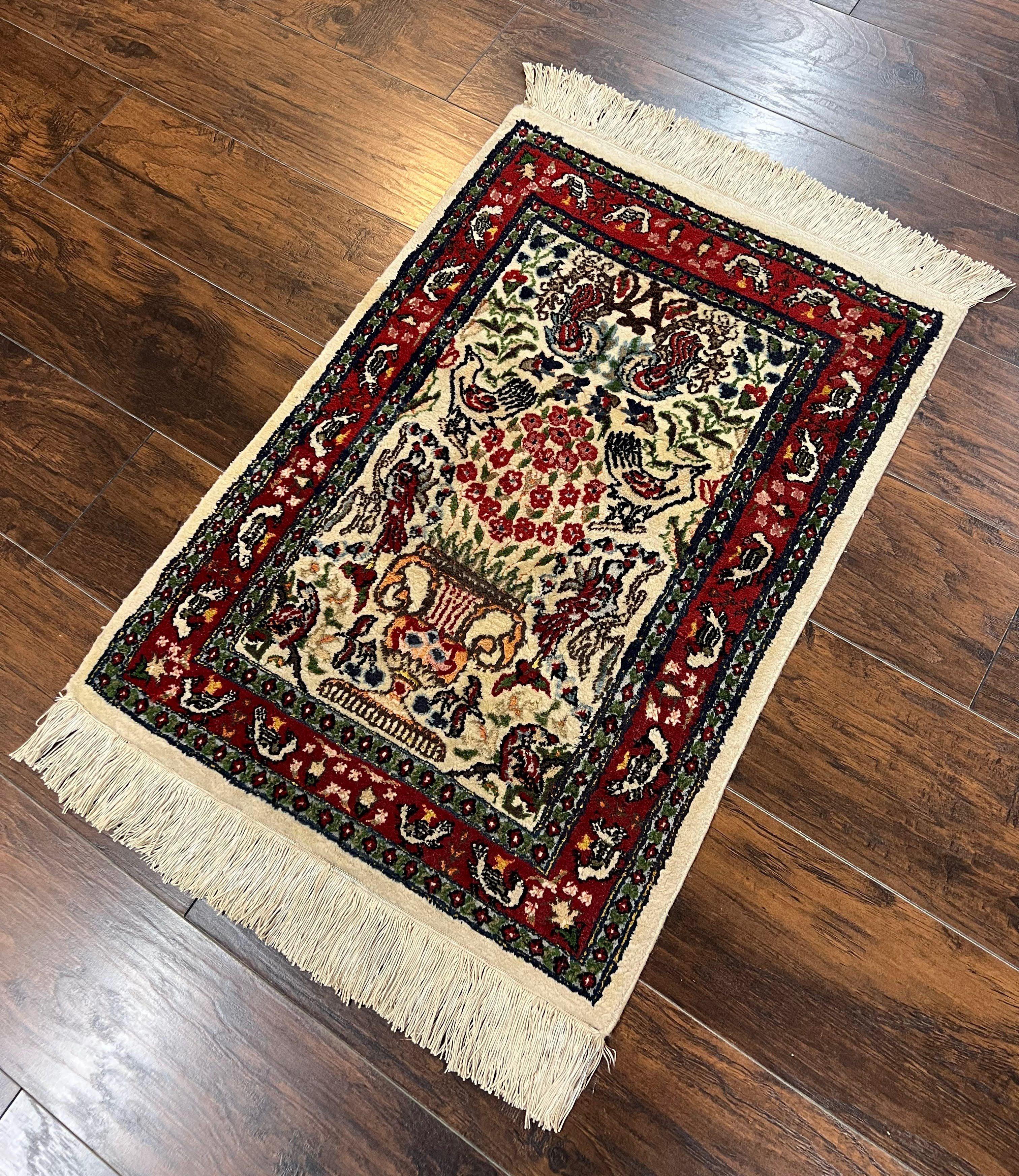 Small Indo Persian Rug 2x3 ft, Wool with Silk Highlights, Animal Pictorial Motifs Birds Vase Flowers, Cream and Maroon, Hand Knotted Fine - Jewel Rugs