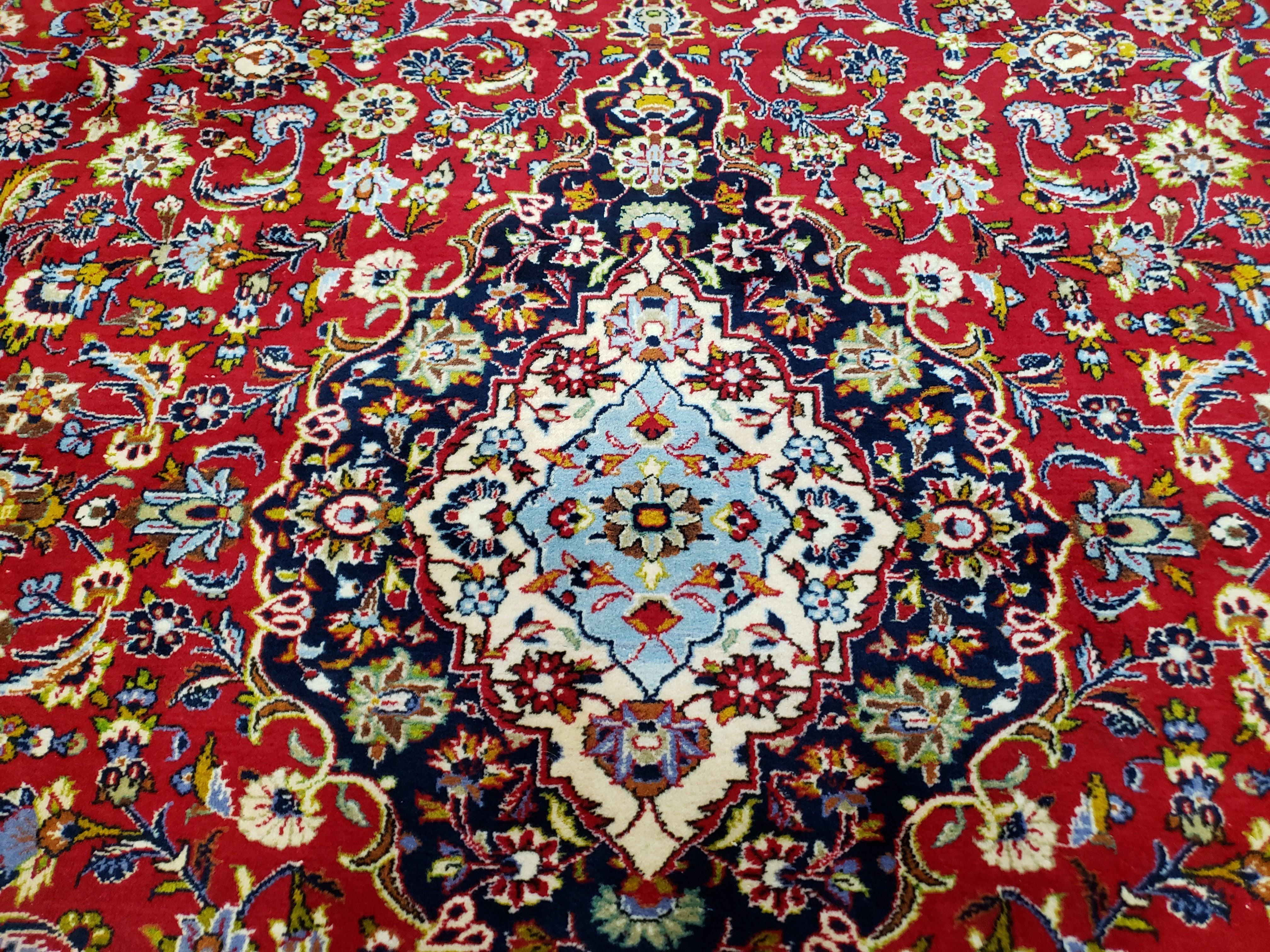 Persian Kashan Rug 10x14 Oriental Carpet 10 x 14, Floral Medallion, Authentic Hand Knotted Rug, Red Blue, High Quality, Vintage Antique Rug, - Jewel Rugs