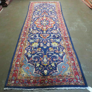 Persian Runner Rug 3.2 x 9.7, Antique Persian Hamadan Blue Wool Runner, Floral Medallion, Red and Blue, Hand Knotted Hallway Kitchen Runner Rug Nice - Jewel Rugs