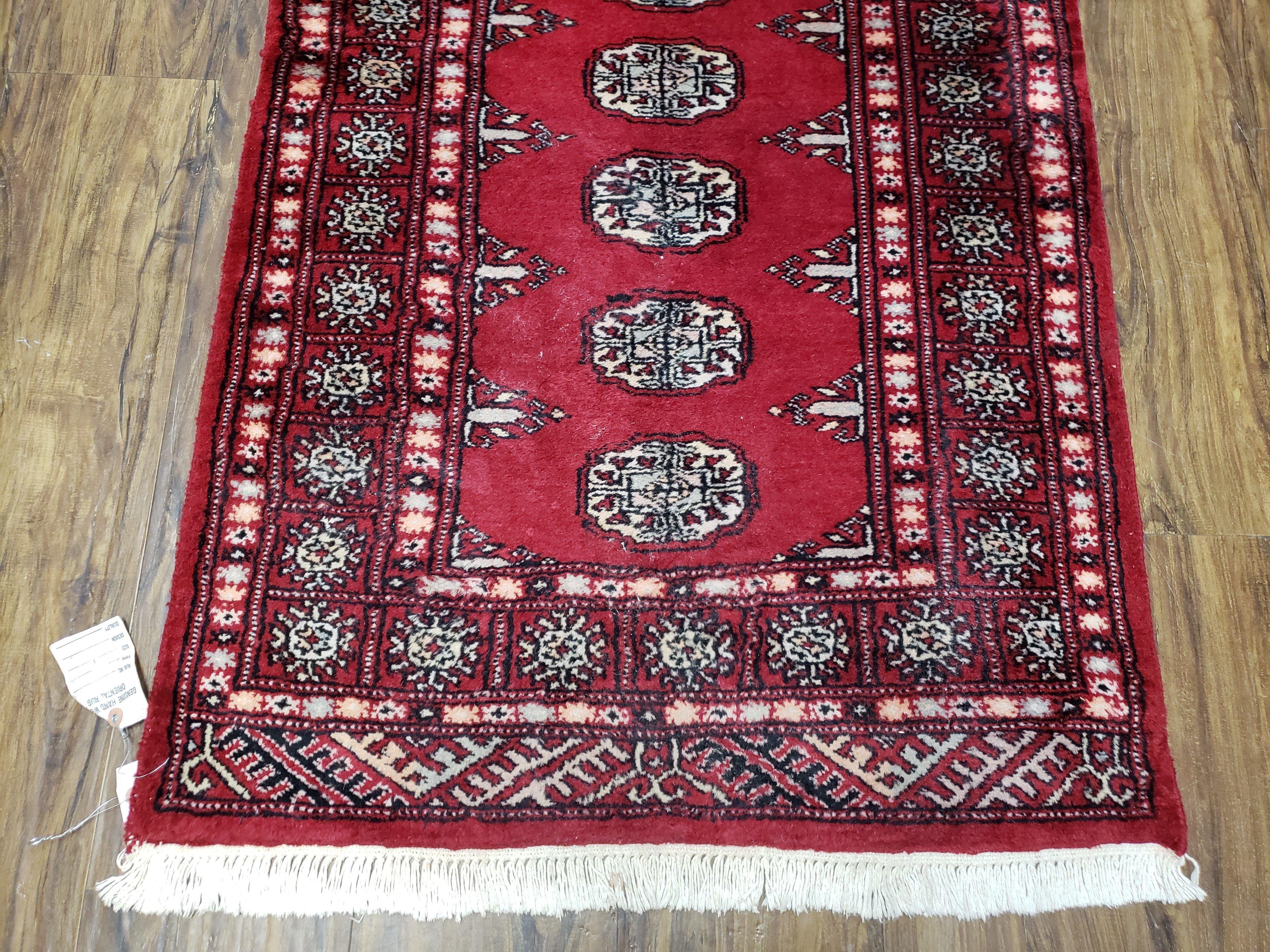 Vintage Bokhara Runner Rug 2.6 x 14, Wool Hand-Knotted Red & Ivory Pakistani Turkoman Yamud Hallway Carpet, Long Skinny Oriental Runner 14ft - Jewel Rugs