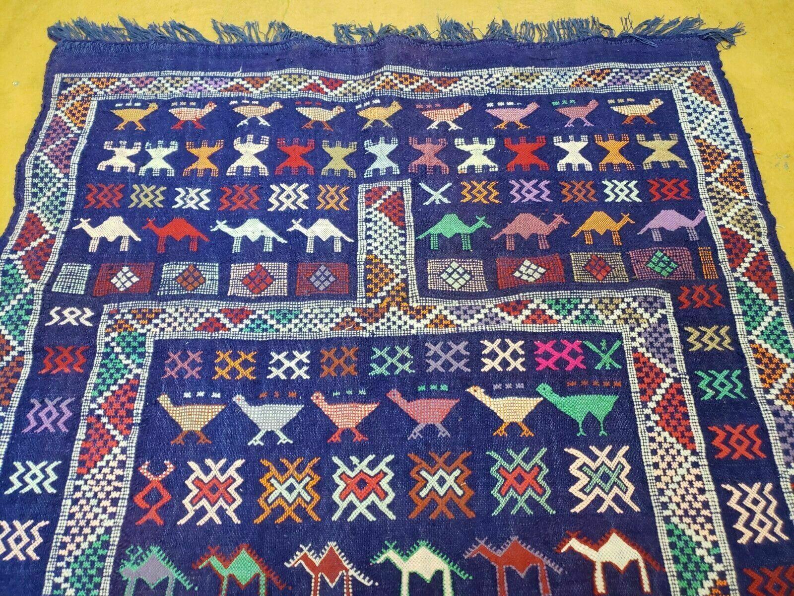 3' X 7' Vintage Handmade Indian Wool Kilim Flat weave Rug Camel Birds Blue Geometric Short Runner - Jewel Rugs