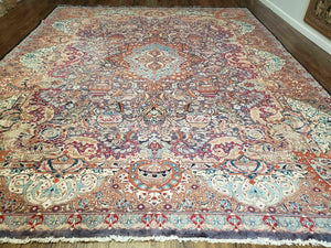 10' X 12' Vintage Handmade Persian Kashmar Animal Pictorial Wool Rug - Light Blue, Blue, and Red Carpet - Jewel Rugs