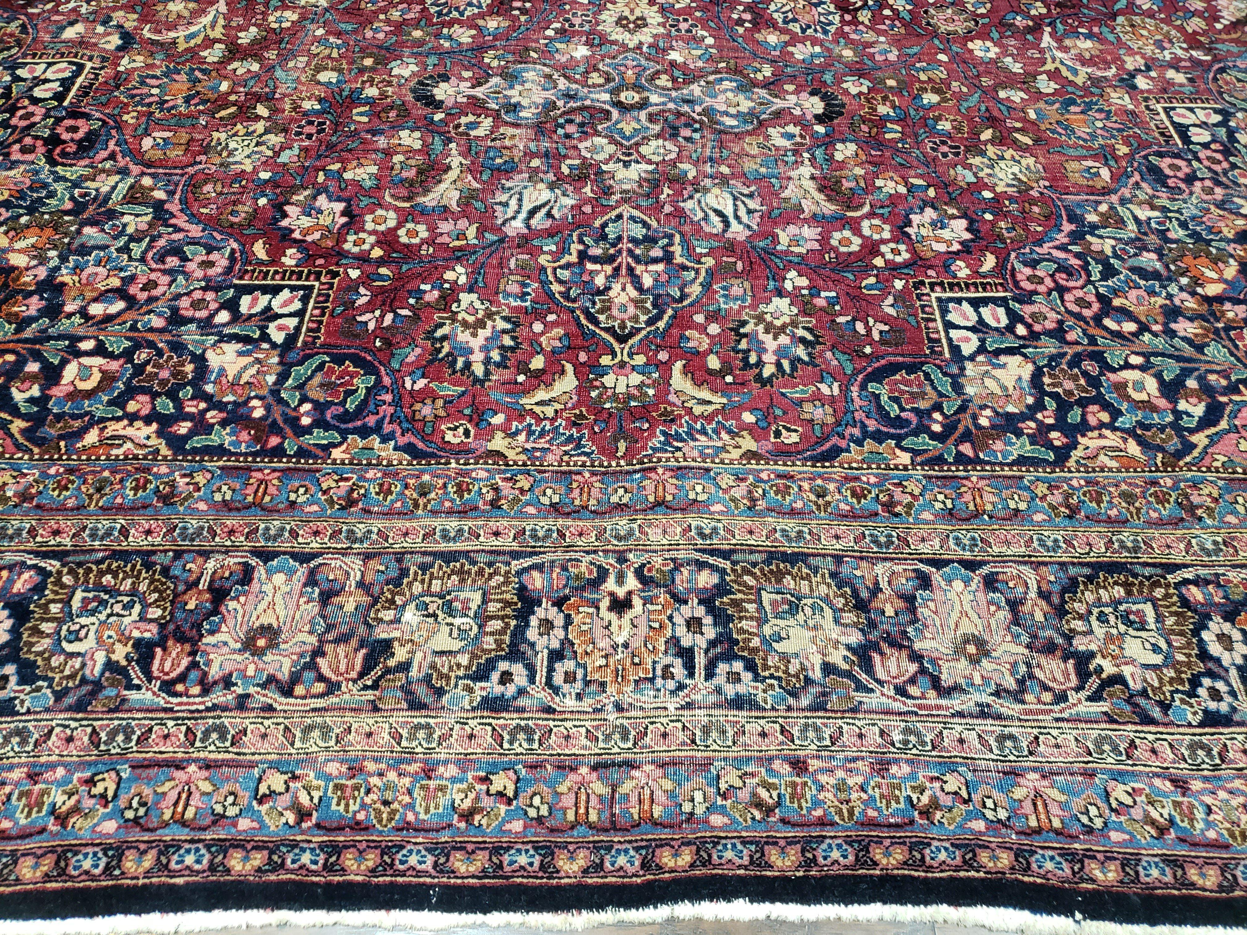 Antique Persian Mashad Rug, Palace Size, Hand-Knotted, Wool, Allover Floral with Medallion, Ruby Red and Dark Blue, 11' x 15' - Jewel Rugs