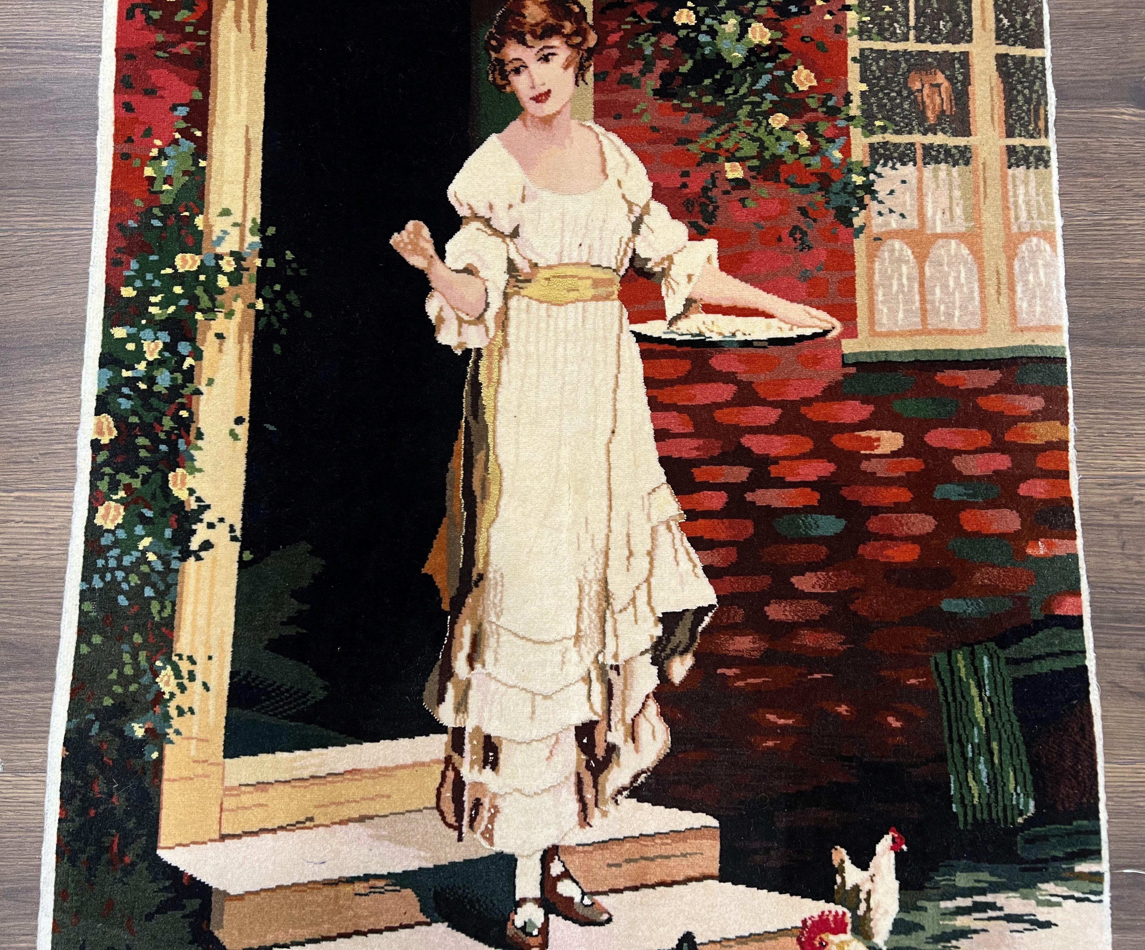 Persian Tabriz Pictorial Rug 2x3, Fine High KPSI Pictorial Carpet, Lady in Front of Home with Chickens 2 x 3 ft Oriental Rug Vintage Handmade Wool - Jewel Rugs