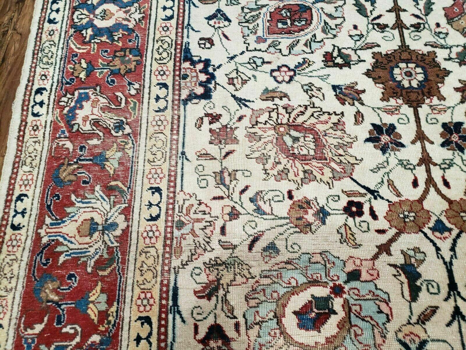 Antique Persian Tabriz Rug 9x12, Hand Knotted Oriental Carpet 9 x 12 ft, Vintage Wool Room Sized Rug, Cream and Red, Floral Allover Handmade Rug - Jewel Rugs