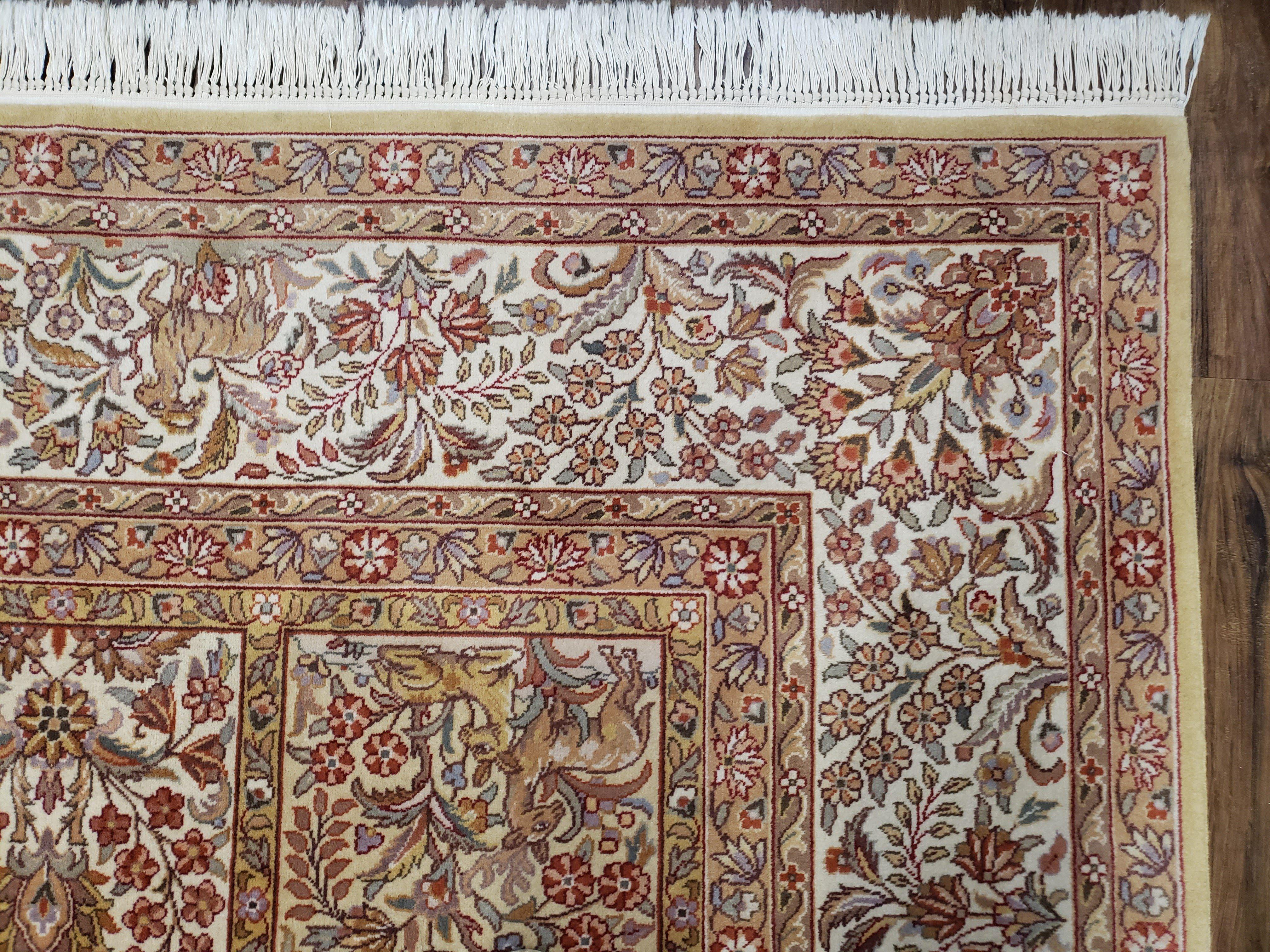 Indo Kirman Rug 8x10, Panel Design, Animals, Deer, Flowers, Ivory Tan Beige, High Quality Handmade Rug, Traditional Oriental Carpet 8 x 10 - Jewel Rugs