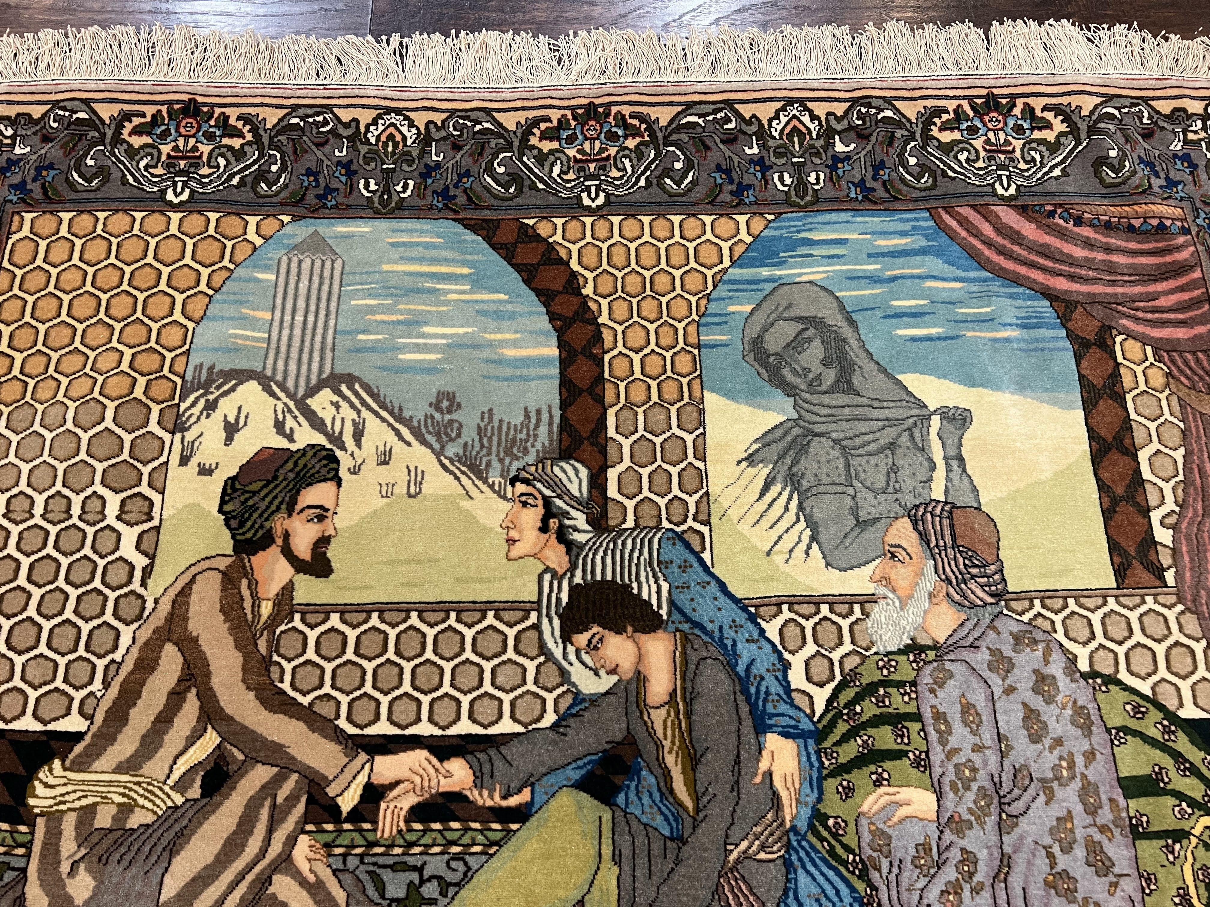 Persian Tabriz Pictorial Rug 4.8 x 3.8, Horizontal Oriental Carpet for Hanging on Wall, Hand Knotted Wool Vintage Fine Carpet, Doctor and Patients - Jewel Rugs