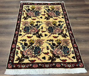 Persian Bidjar Rug 3.6 x 5 ft, Repeated Floral Motifs, Roses and Birds, Cream Burgundy, Fine Wool Oriental Bijar Carpet, Vintage Traditional Area Rug - Jewel Rugs