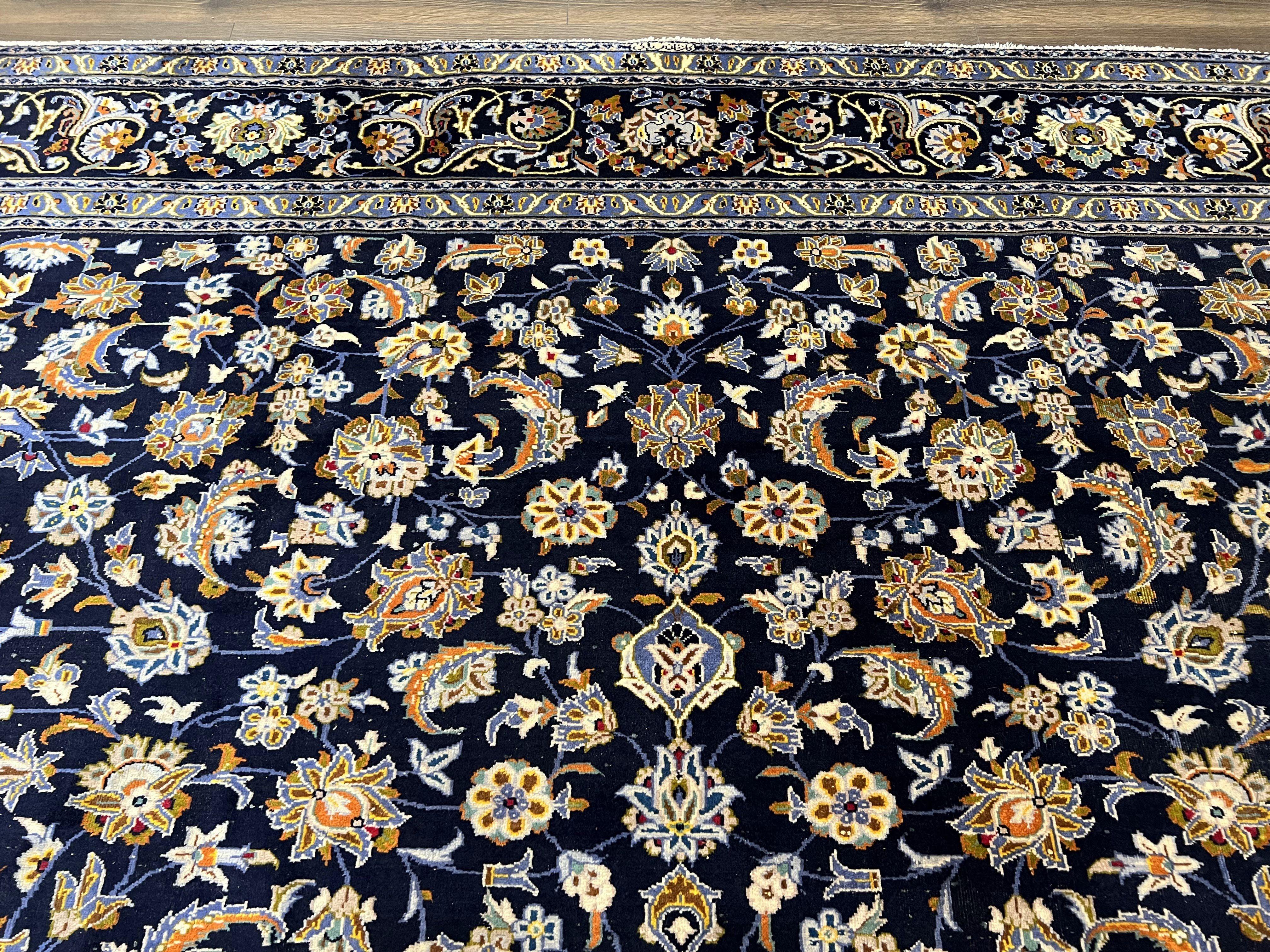 Wonderful Navy Blue Persian Kashan Rug 11x13, Allover Floral Design with Central Medallion, Wool Hand-Knotted Antique Carpet, Signed Rabani Rug - Jewel Rugs