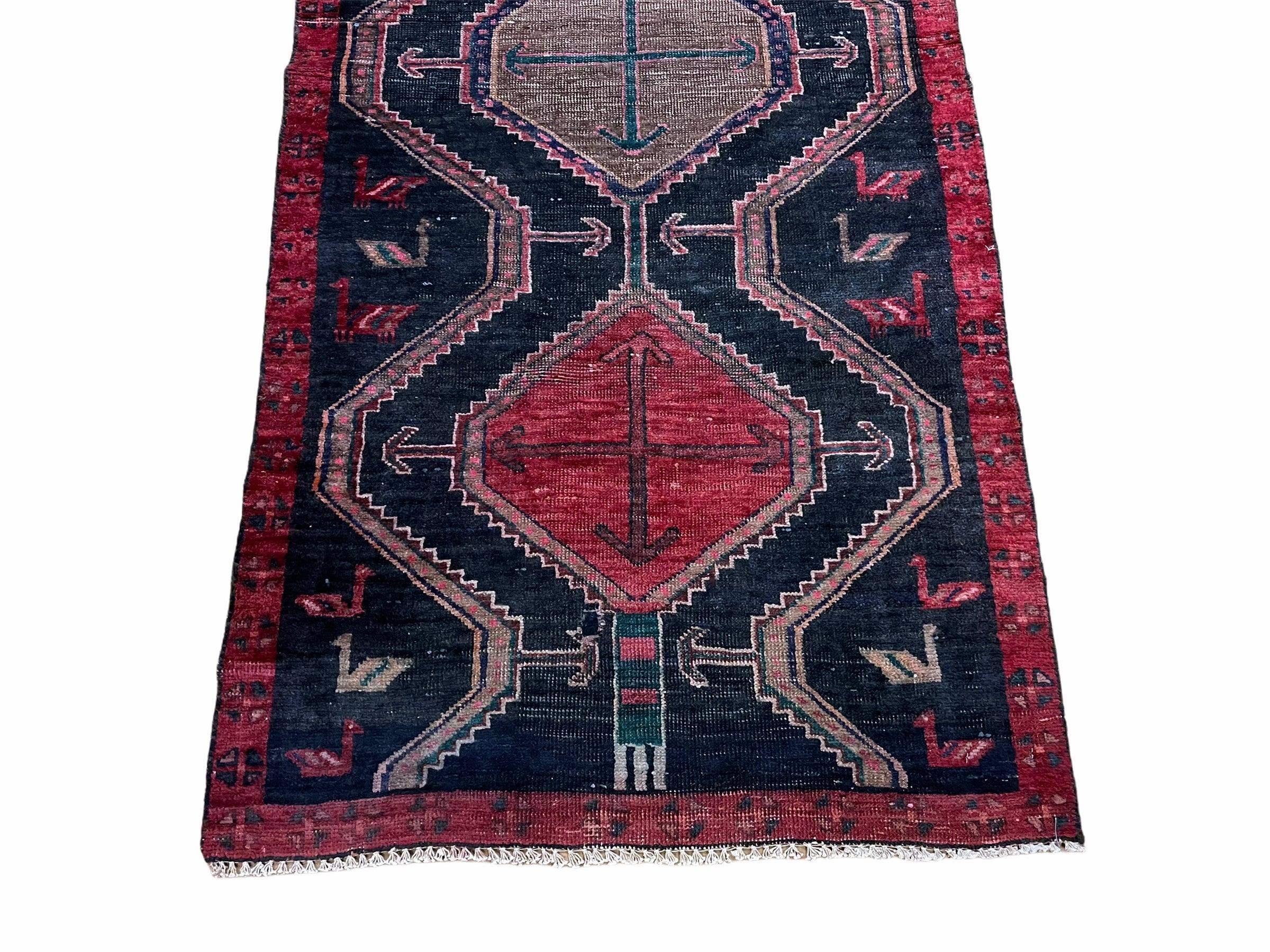 3 X 7 Handmade Wool Tribal Runner Rug Geometric Red Blue Boho Organic Dyes - Jewel Rugs