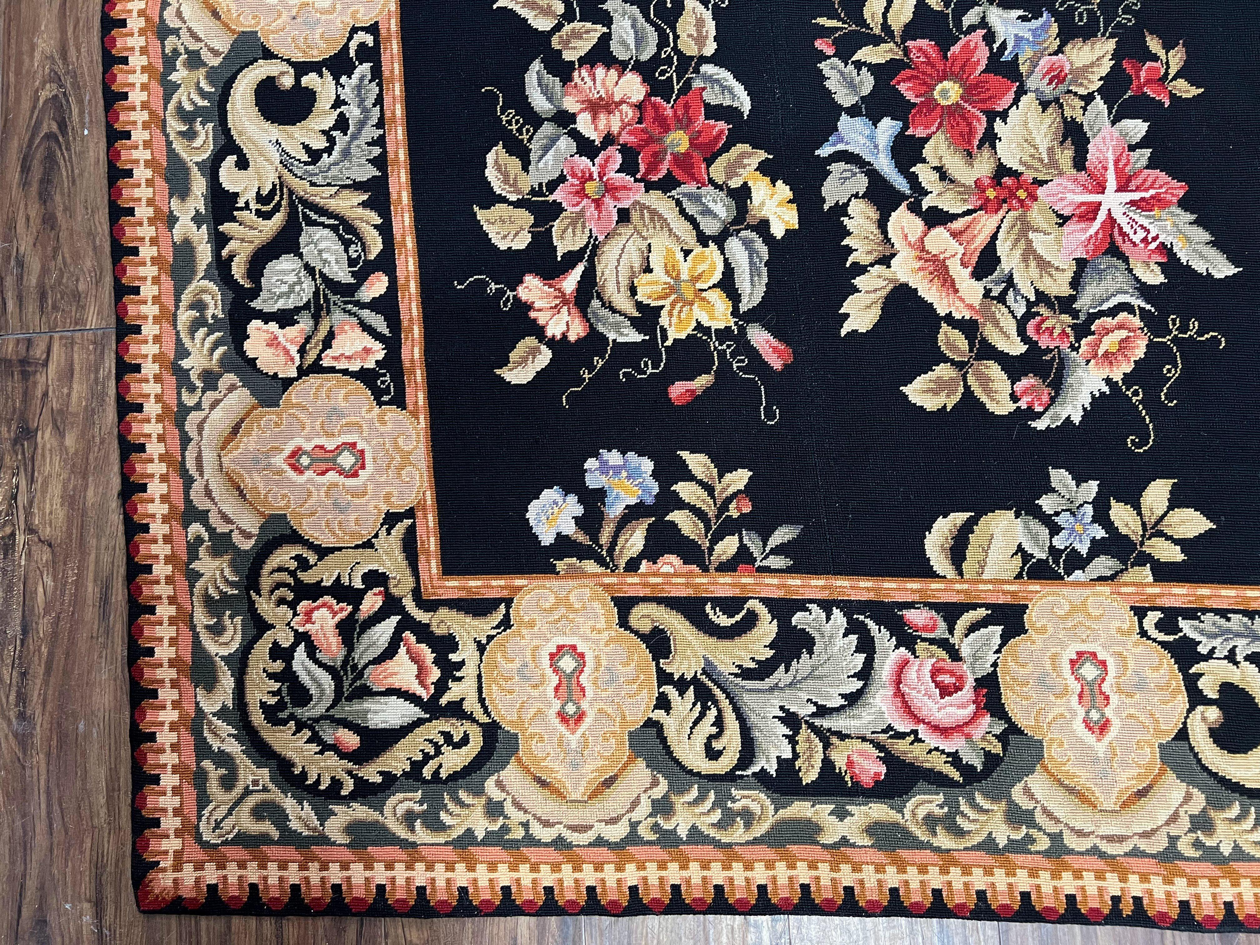 Vintage Chinese Needlepoint Rug 6x9, Floral Panel, Garden Design, European French English, Black with Multicolor Flowers, Wool Needlepoint - Jewel Rugs