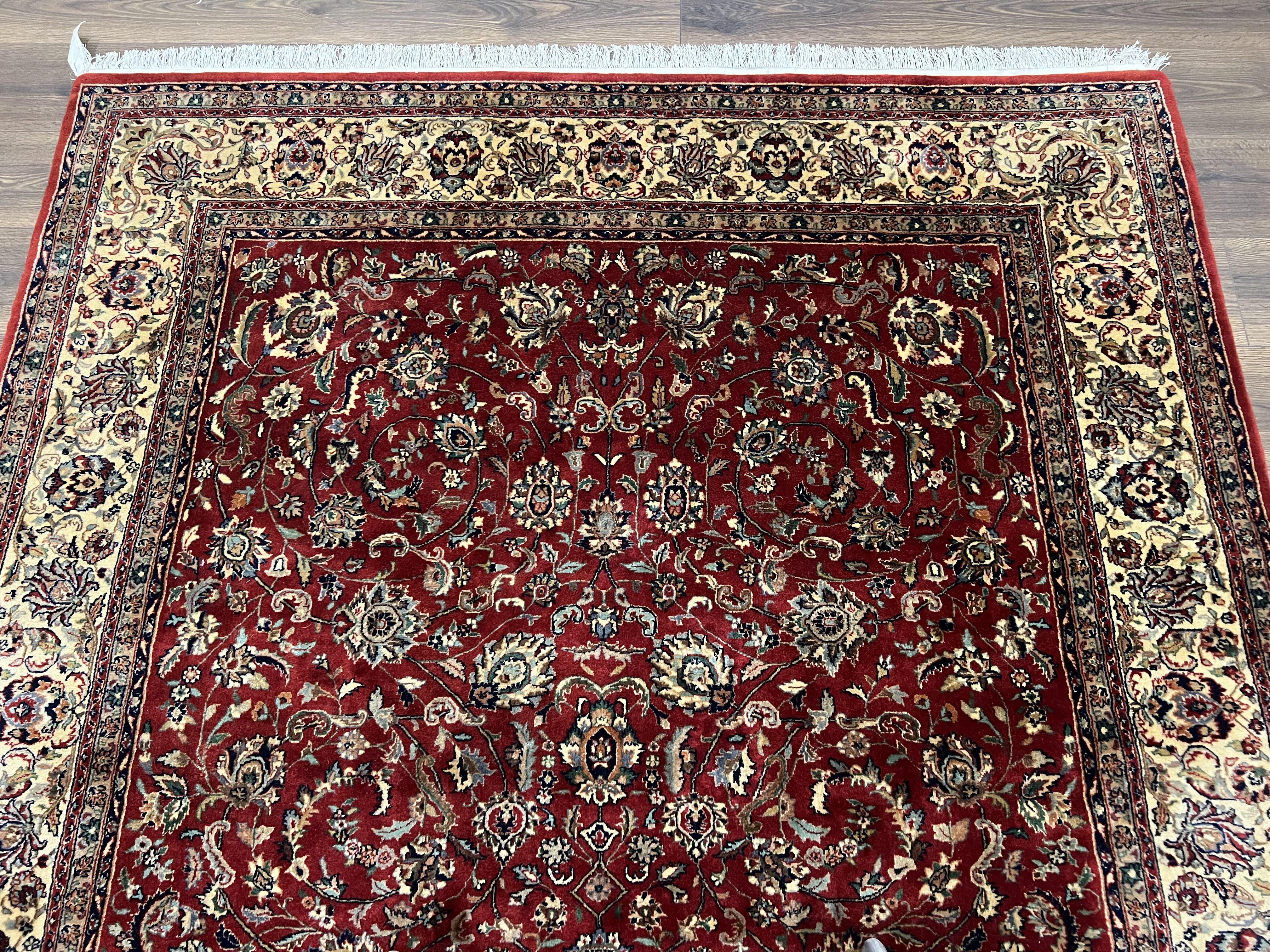 Vintage Indo Persian Rug 6x9, Very Finely Hand-Knotted Carpet 6 x 9 Red Cream Indian Oriental Carpet, Traditional Floral Wool Area Rug 1970s - Jewel Rugs