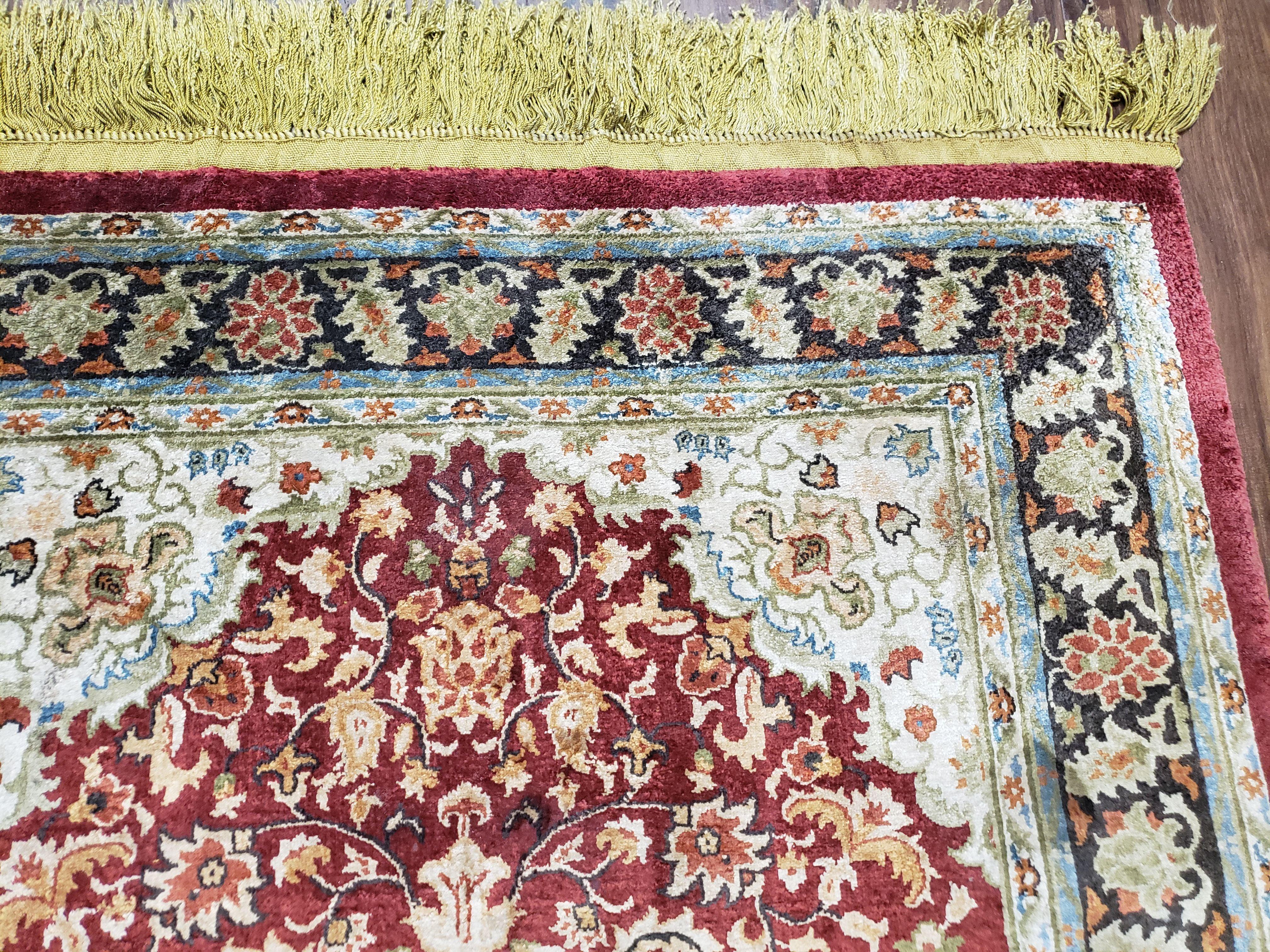 3x5 Silk Hand-Knotted Rug, Silk Oriental Carpet 5 x 3, Red & Ivory, Floral Medallion, Gold Fringes, Semi Antique Vintage Traditional Rug - Jewel Rugs