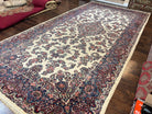 Beautiful Oversized Persian Kirman Rug 9x18 ft, Palace Sized Wool Handmade Oriental Carpet 9 x 18, Ivory Cream Dark Red Blue, 1940s Vintage Floral - Jewel Rugs