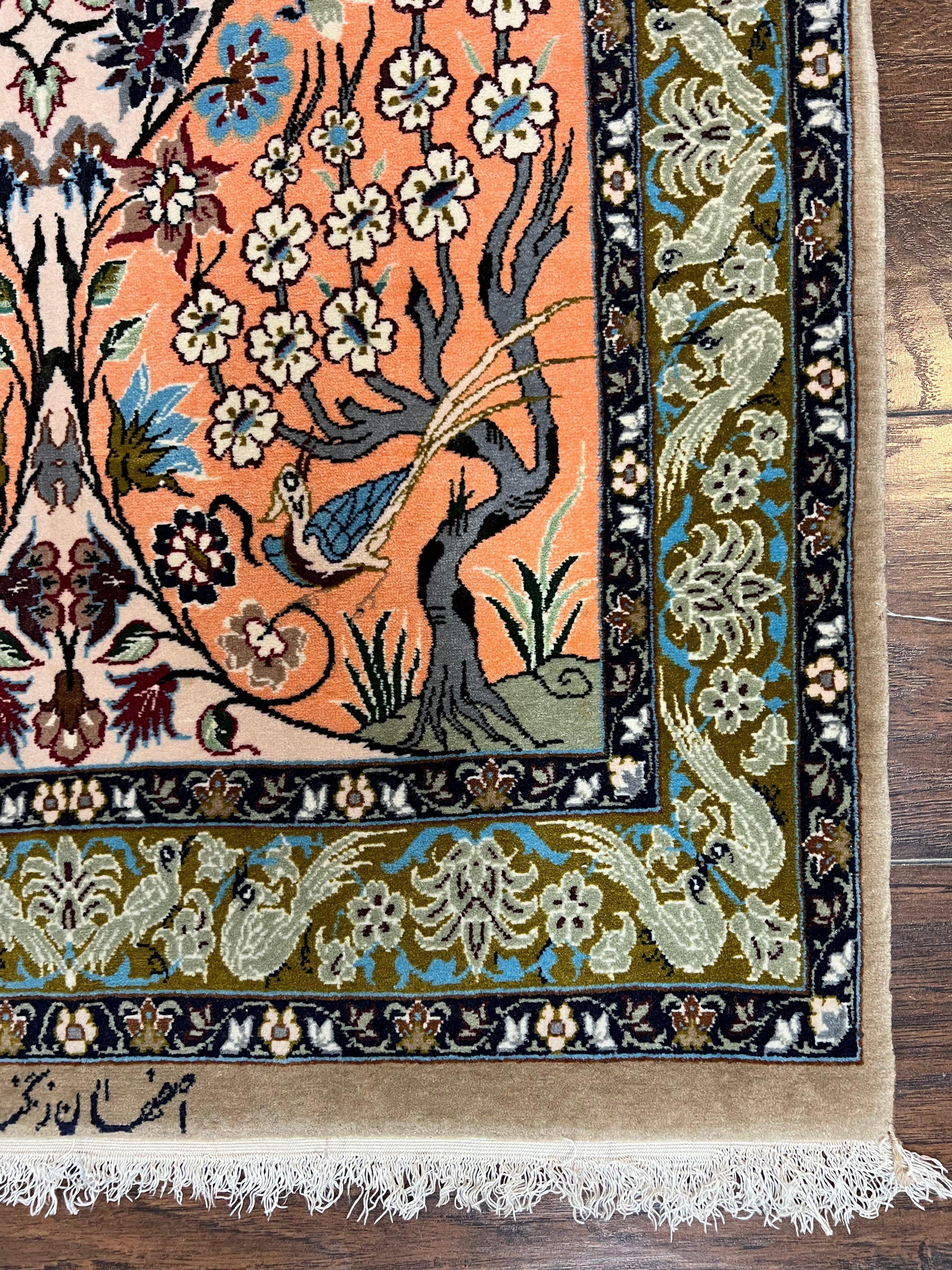 Very Fine Small Persian Isfahan Rug 2.6 x 4, Kork Wool on Silk Hand-Knotted Vintage Animal Pictorials Birds Vase, Signature Masterweaver, Orange - Jewel Rugs