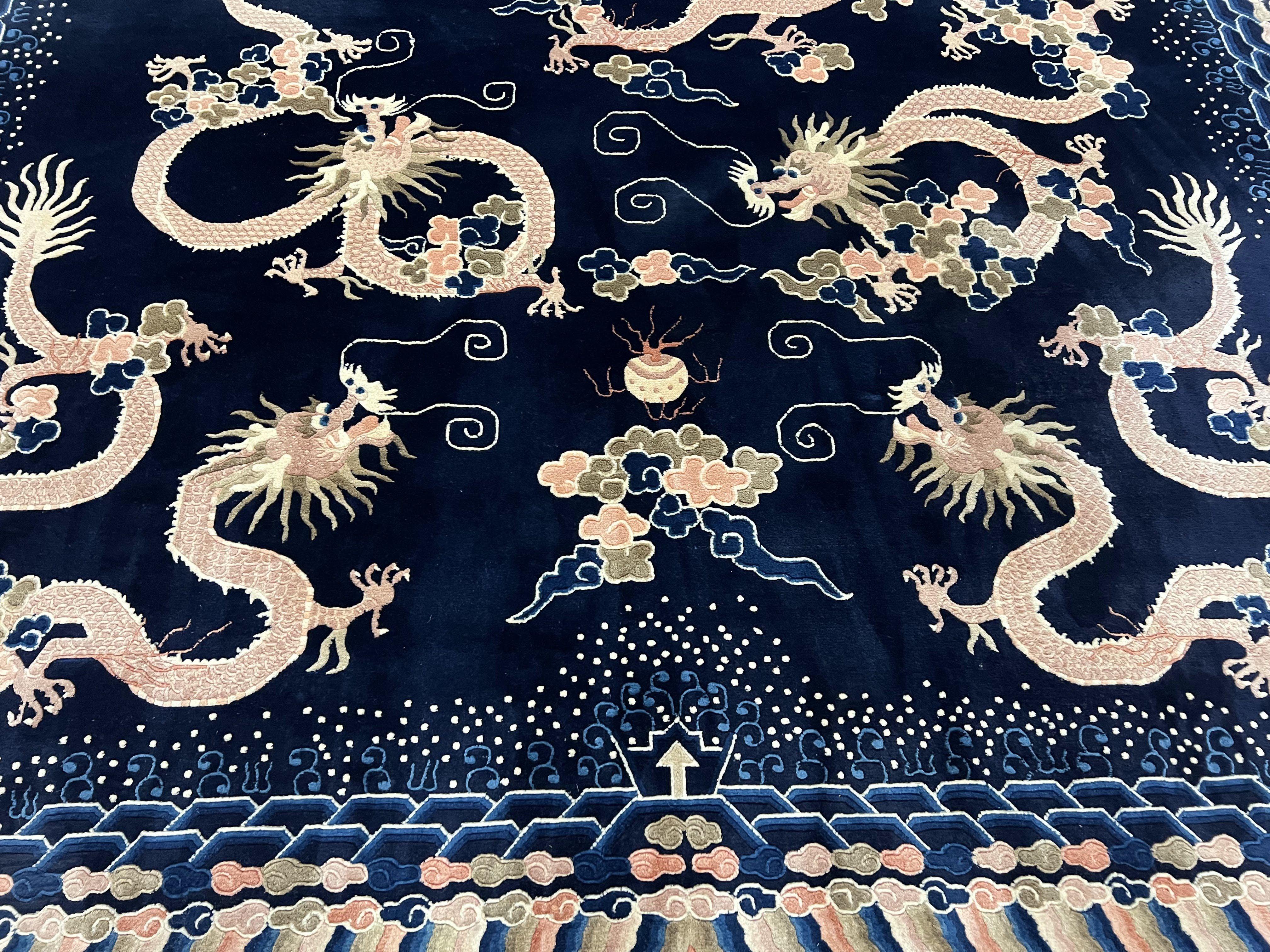 Rare Chinese Peking Rug 8x11, Chinese Dragon Carpet with Rainbow Border, Navy Blue and Beige, Handmade Hand Knotted, Semi Antique, Wool Rug - Jewel Rugs