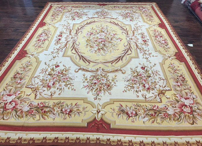 Aubusson Rug 9x12, Elegant Flatweave Savonnerie Carpet 9 x 12 ft, Ivory Light Yellow Red, Handmade Wool Flatweave French European Rug - Jewel Rugs