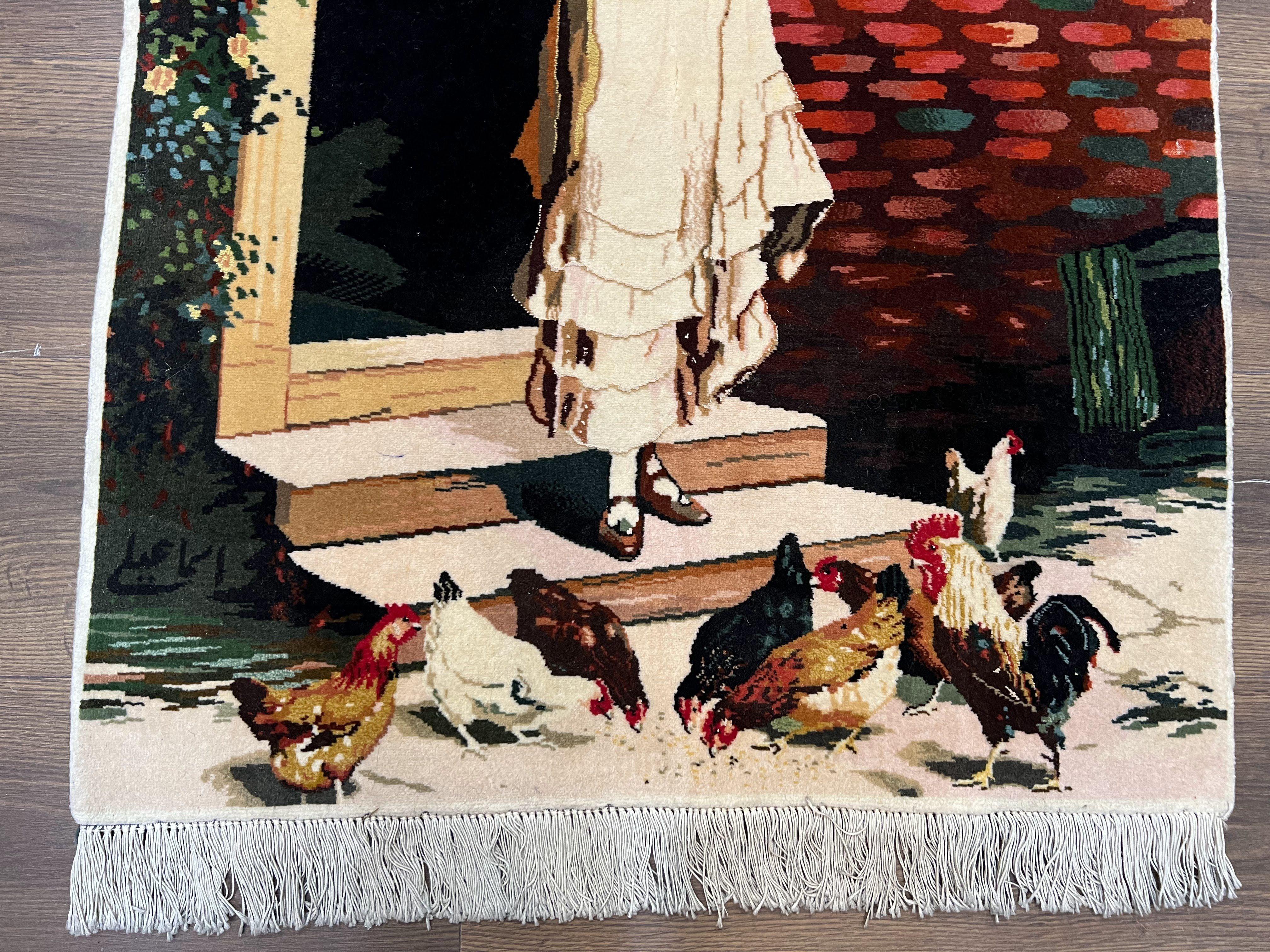 Persian Tabriz Pictorial Rug 2x3, Fine High KPSI Pictorial Carpet, Lady in Front of Home with Chickens 2 x 3 ft Oriental Rug Vintage Handmade Wool - Jewel Rugs