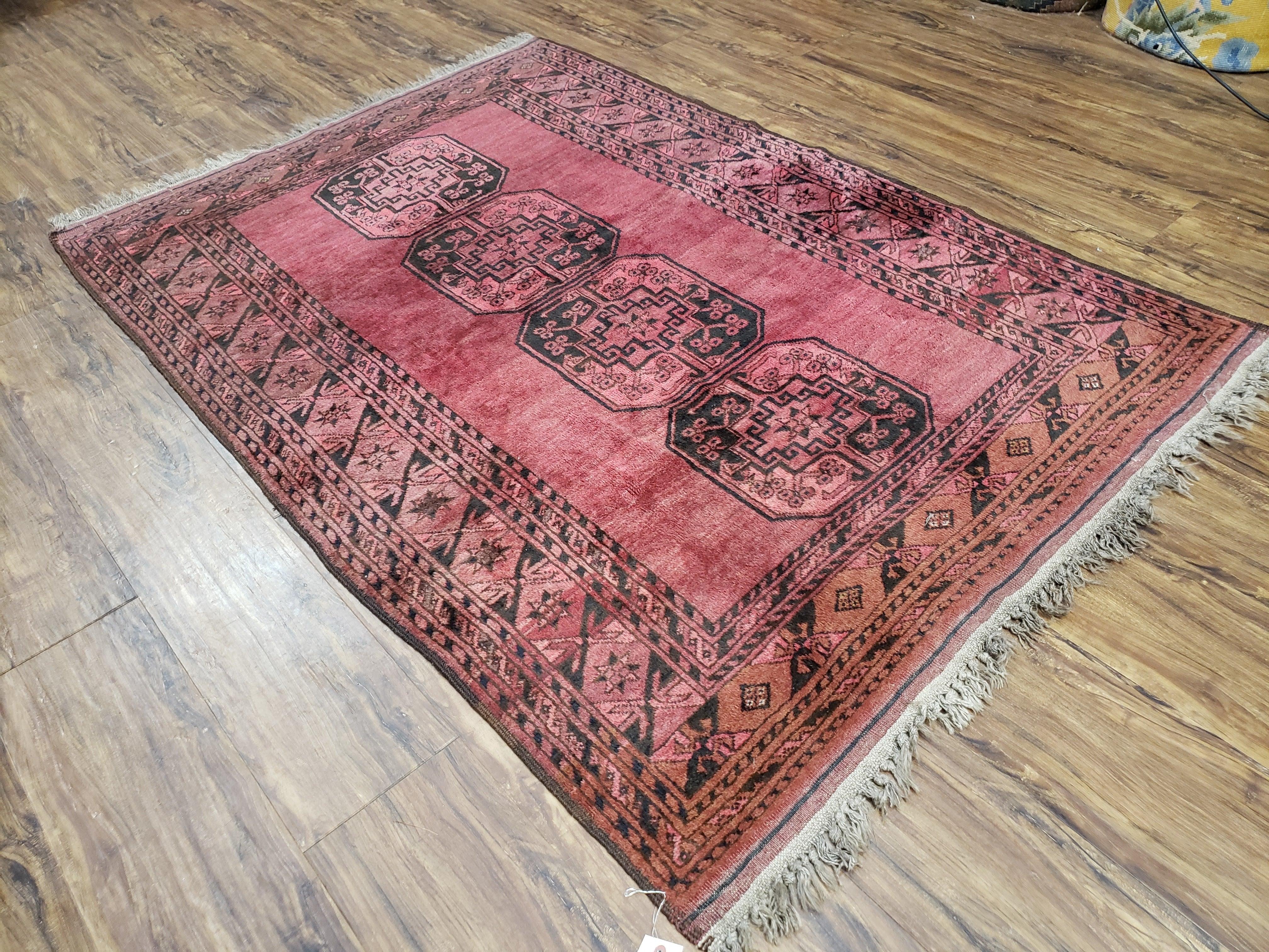 Antique Bukhara Area Rug, Vintage Afghan Bokhara Bashir Rug, 4x6 Hand-Knotted Oriental Carpet, Red & Black Wool Rug, 4' x 5'9 - Jewel Rugs