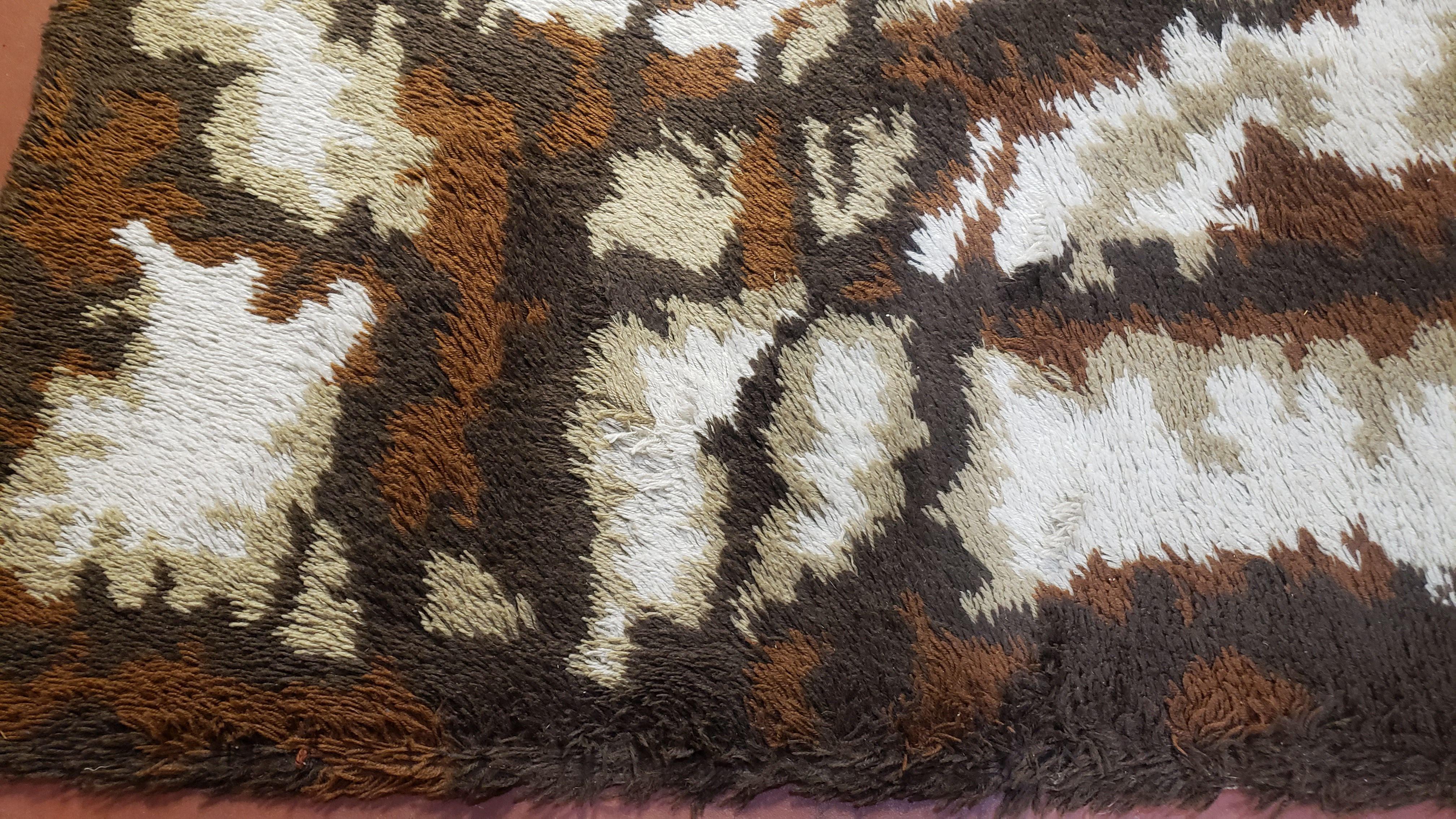 4.7 x 6.7 Rya Rug Danish Mid-Century Shag Rug Modern Abstract 1960s Carpet Brown Cream Tan Beige Area Rug 4x7 5x7 4x6 5x6 - Jewel Rugs