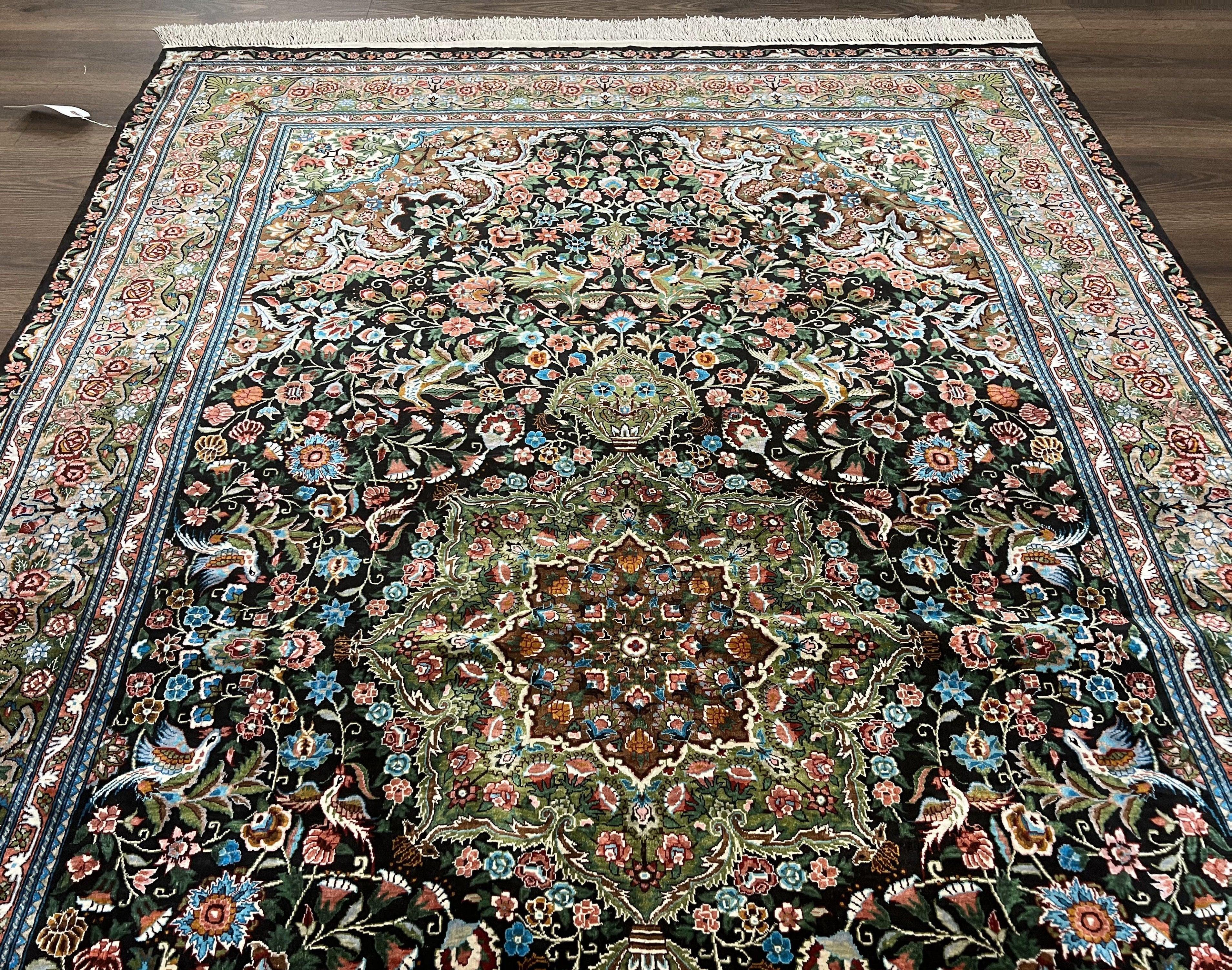 Sino Persian Silk Rug 5x8, Hand Knotted Silk Carpet, Very Fine Vintage Oriental Rug, Black Brown Cream, Birds Floral Medallion 5 x 8 ft Wow - Jewel Rugs