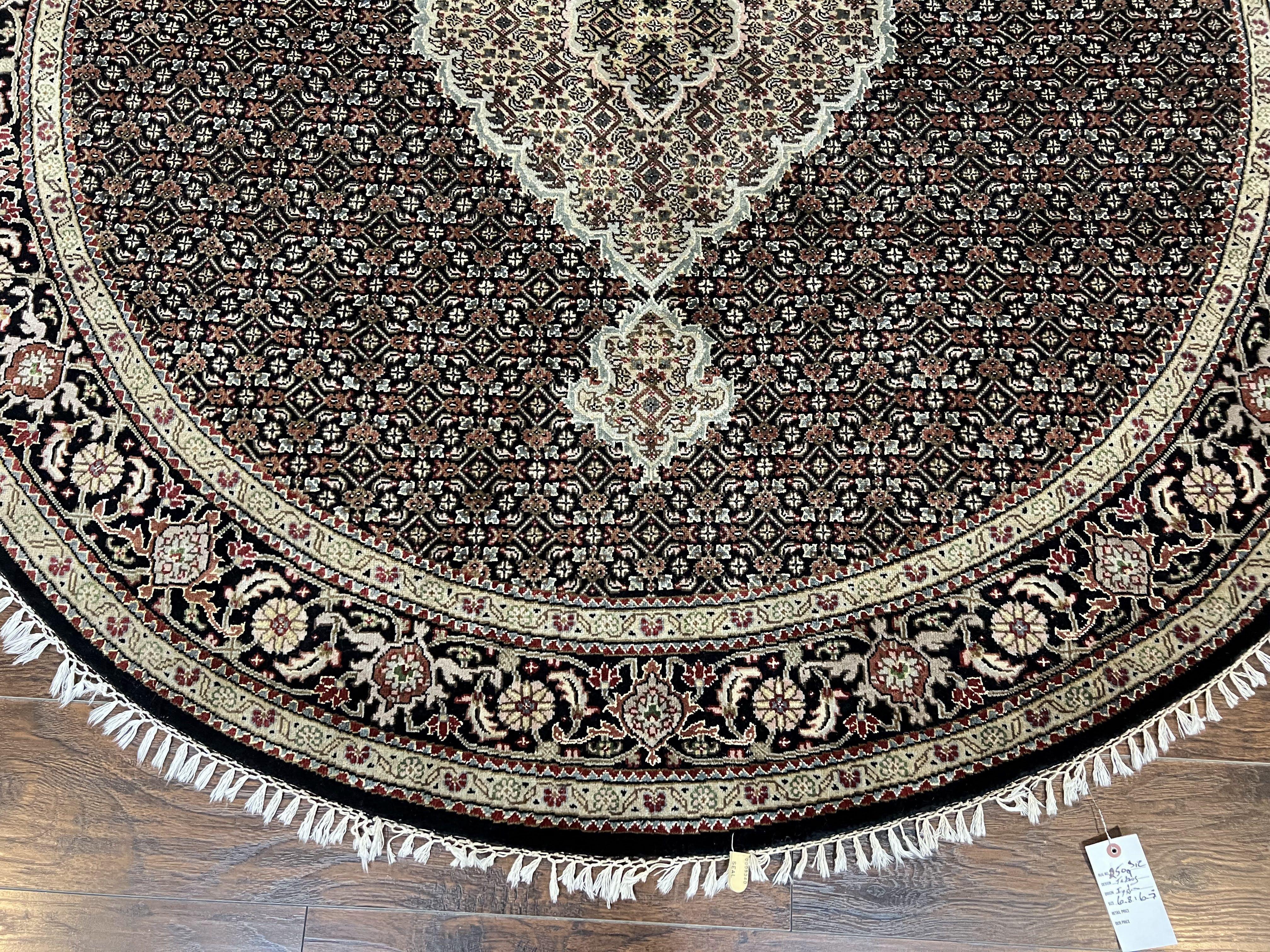 Round Oriental Rug 6.8 x 6.8 ft, Black and Beige Hand-Knotted Wool Indian Indo Persian Round Carpet, Herati Mahi Pattern, Vintage Round Rug - Jewel Rugs