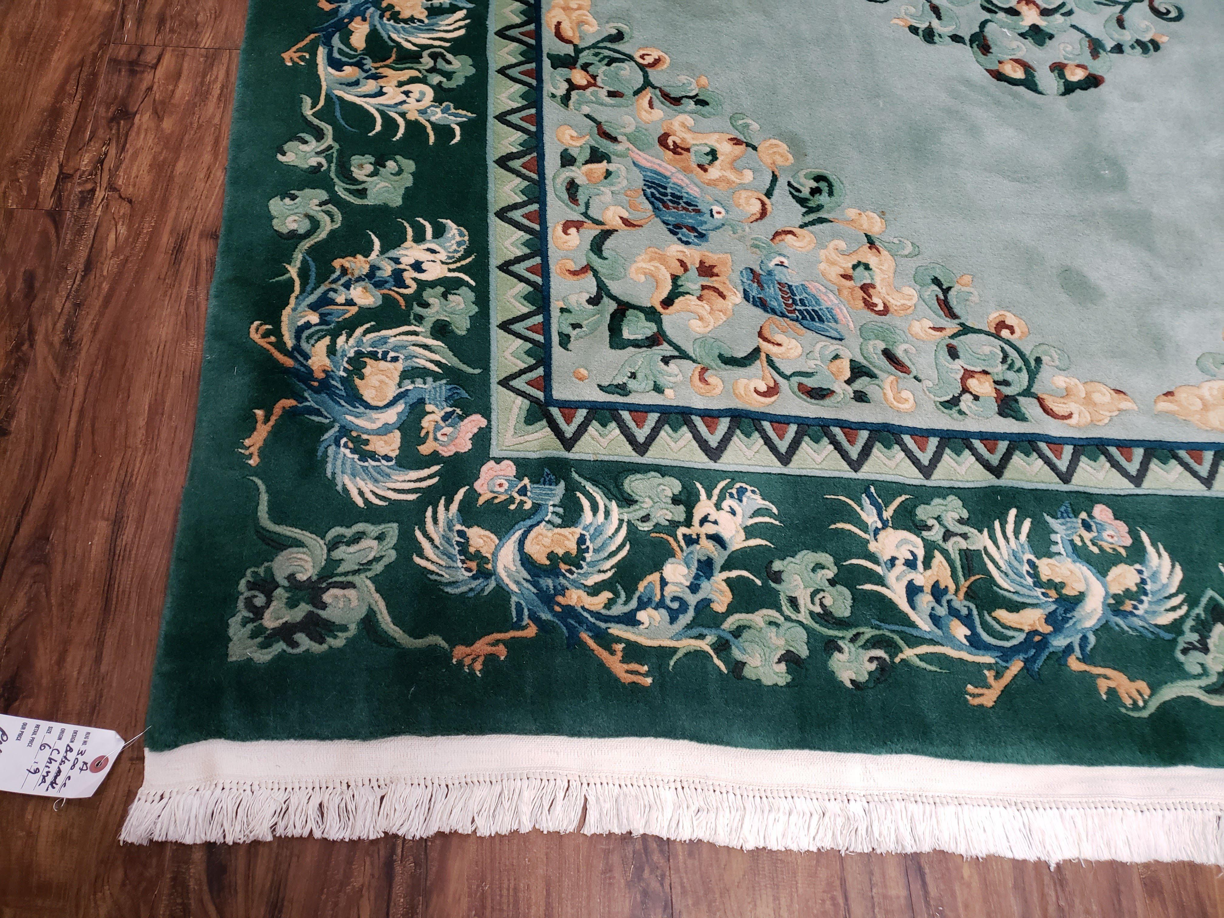 Vintage Light Teal & Green Chinese Art Deco Area Rug 6x9, Wool Hand-Knotted Carpet, 6 x 9 Nichols Rug, 1950s Birds Phoenix Rug, Pair A - Jewel Rugs