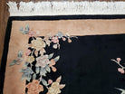 Chinese Art Deco Carpet 4x6, Black & Peach Chinese Oriental Rug 4 x 6, Flowers, Simple Design, 90 Line, Vintage, Wool, Soft, Thick Pile - Jewel Rugs