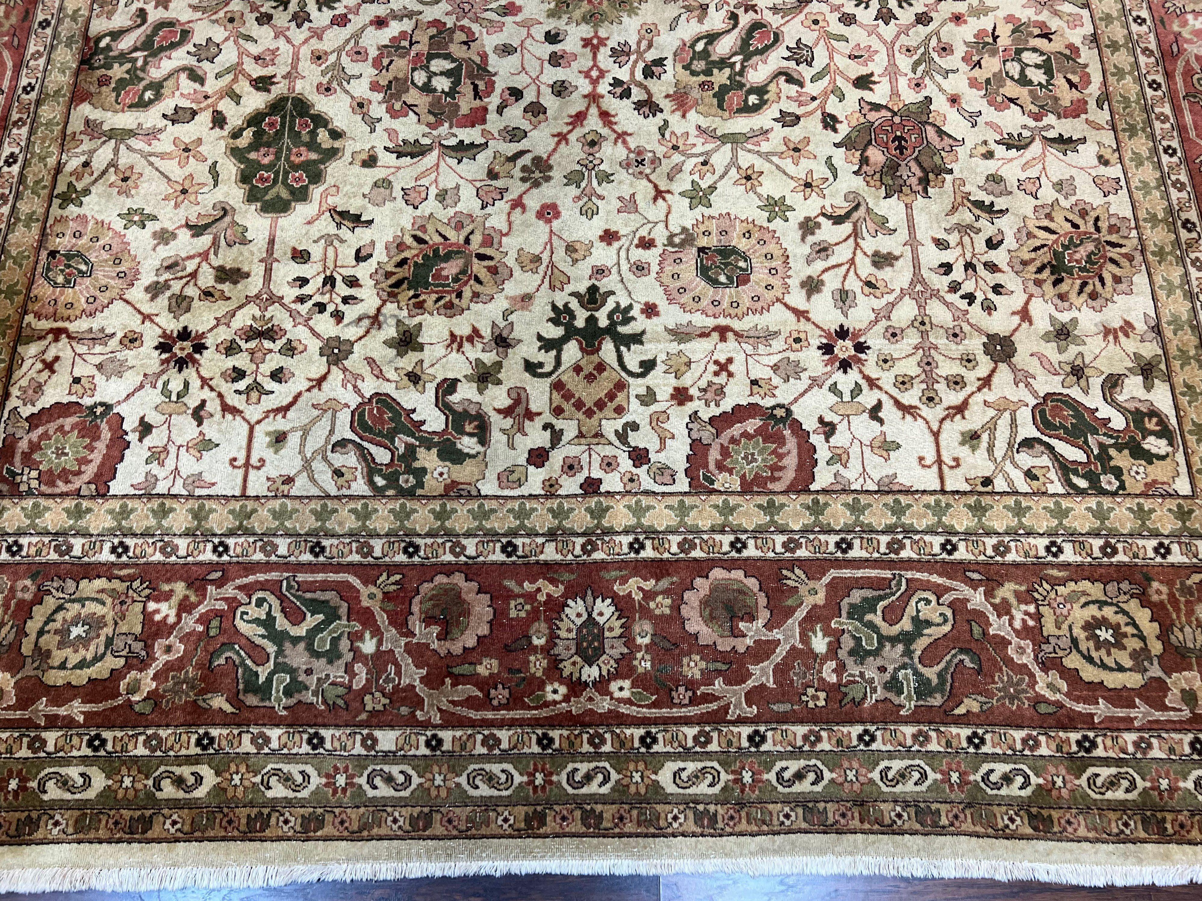 Large Indian Rug 10x14, Hand Knotted Indo Persian Gandehar Oriental Carpet, Vintage Wool Rug 10 x 14 ft Cream Red Floral Allover Traditional - Jewel Rugs