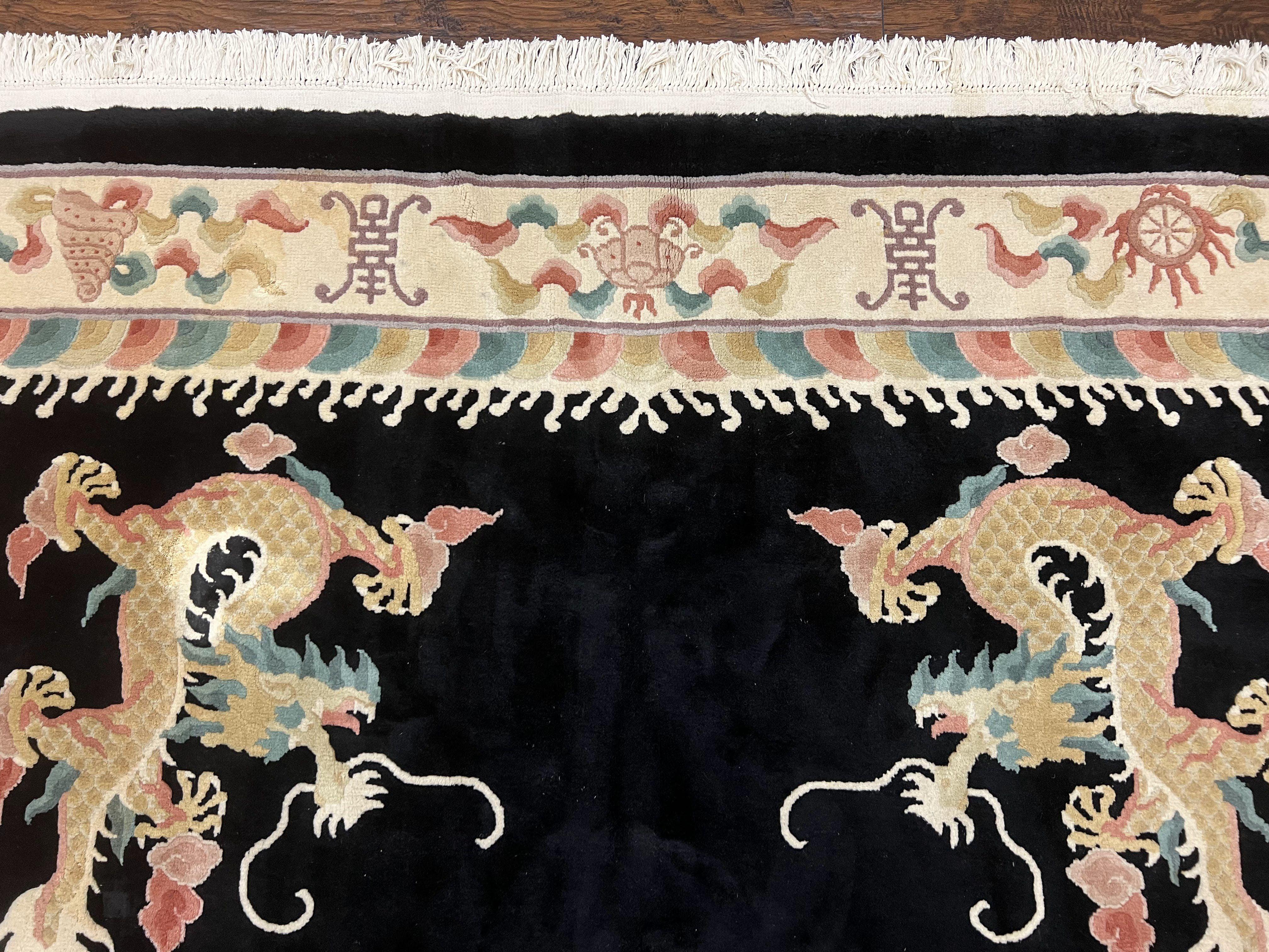 Chinese Wool Rug 8x11, Dragon Medallion and Dragon Corners, Black and Beige, Soft Wool, Asian Oriental Art Deco Carpet, Hand Knotted 90 Line - Jewel Rugs