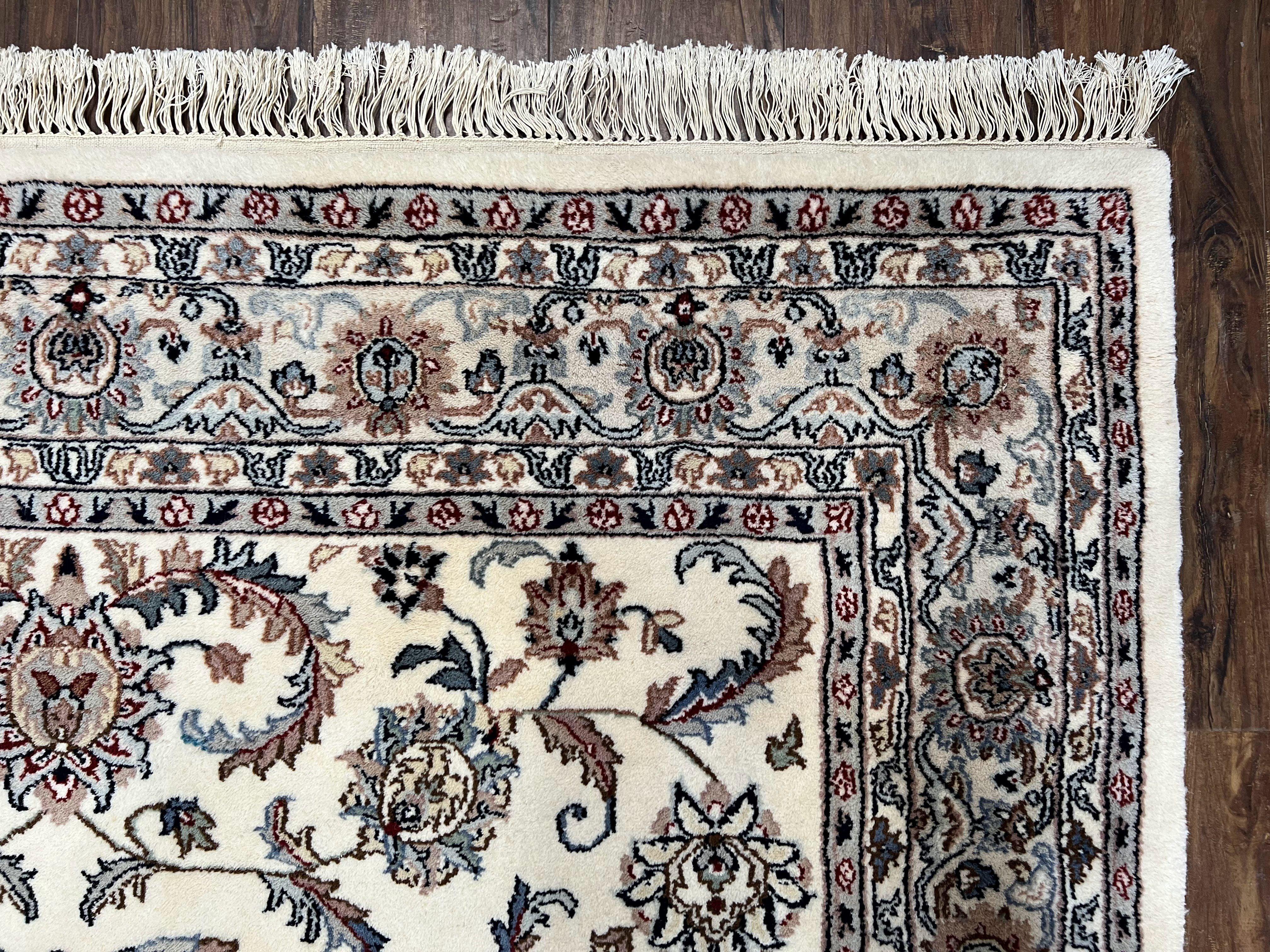 Indian Rug 5.7 x 9, Vintage Oriental Carpet, Handmade Hand Knotted Wool Rug, Living Room Rug, Bedroom Rug, Ivory and Gray, Allover Floral - Jewel Rugs