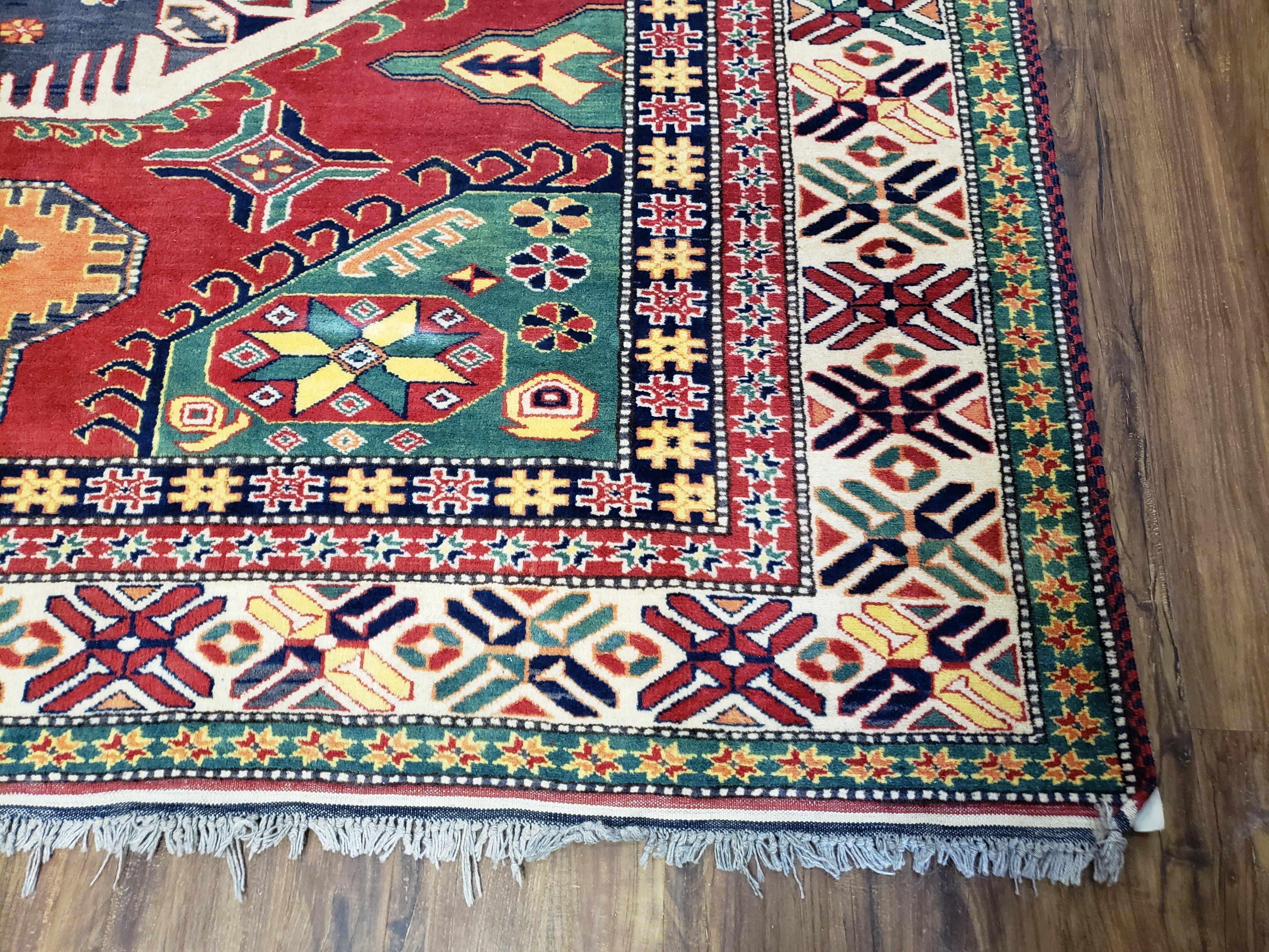 Vintage Turkish Kazak Area Rug, 6ft Square Rug, 6x6 Square Oriental Carpet, Hand-Knotted, Wool, Bold Colors, Red Blue Green, Geometric Rug - Jewel Rugs