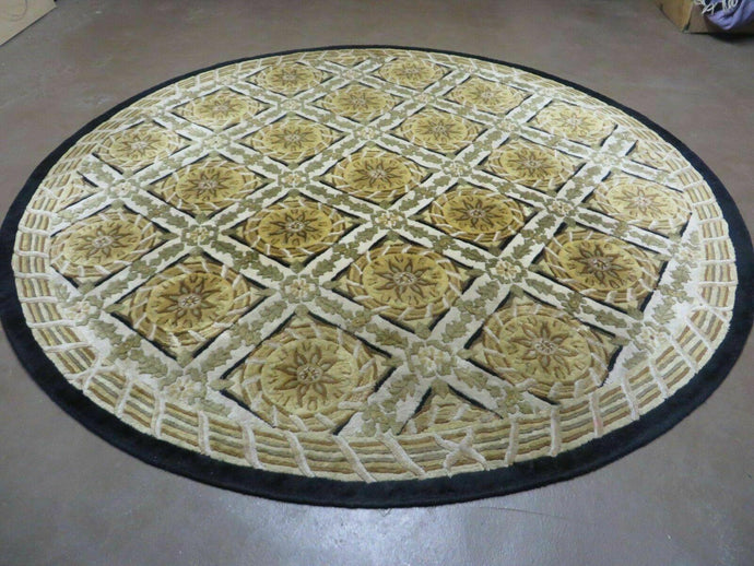8' Handmade Fine Tibetan Design Wool Rug Carpet Round Nice Ivory/ Beige/ Gold - Jewel Rugs