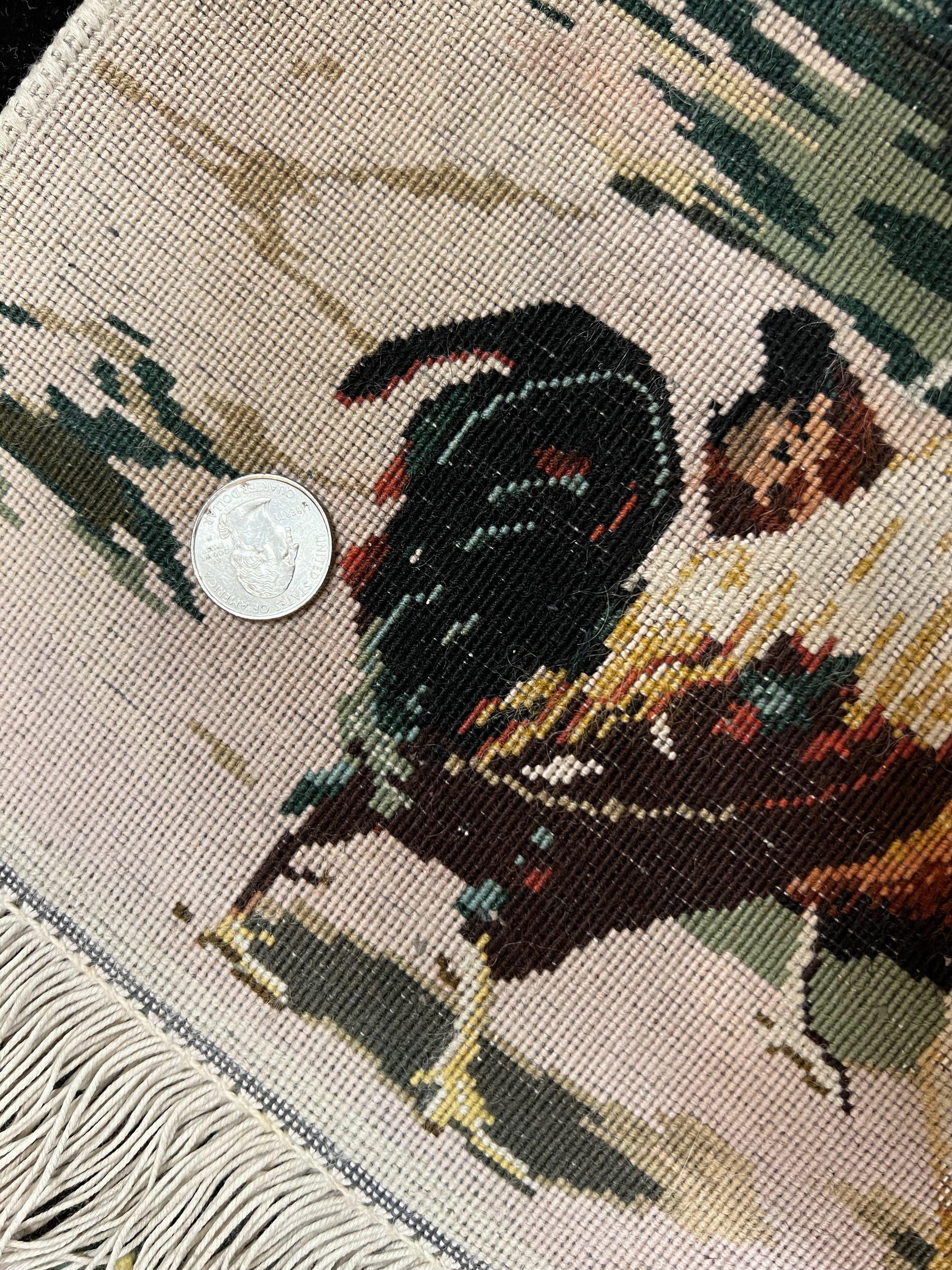 Persian Tabriz Pictorial Rug 2x3, Fine High KPSI Pictorial Carpet, Lady in Front of Home with Chickens 2 x 3 ft Oriental Rug Vintage Handmade Wool - Jewel Rugs