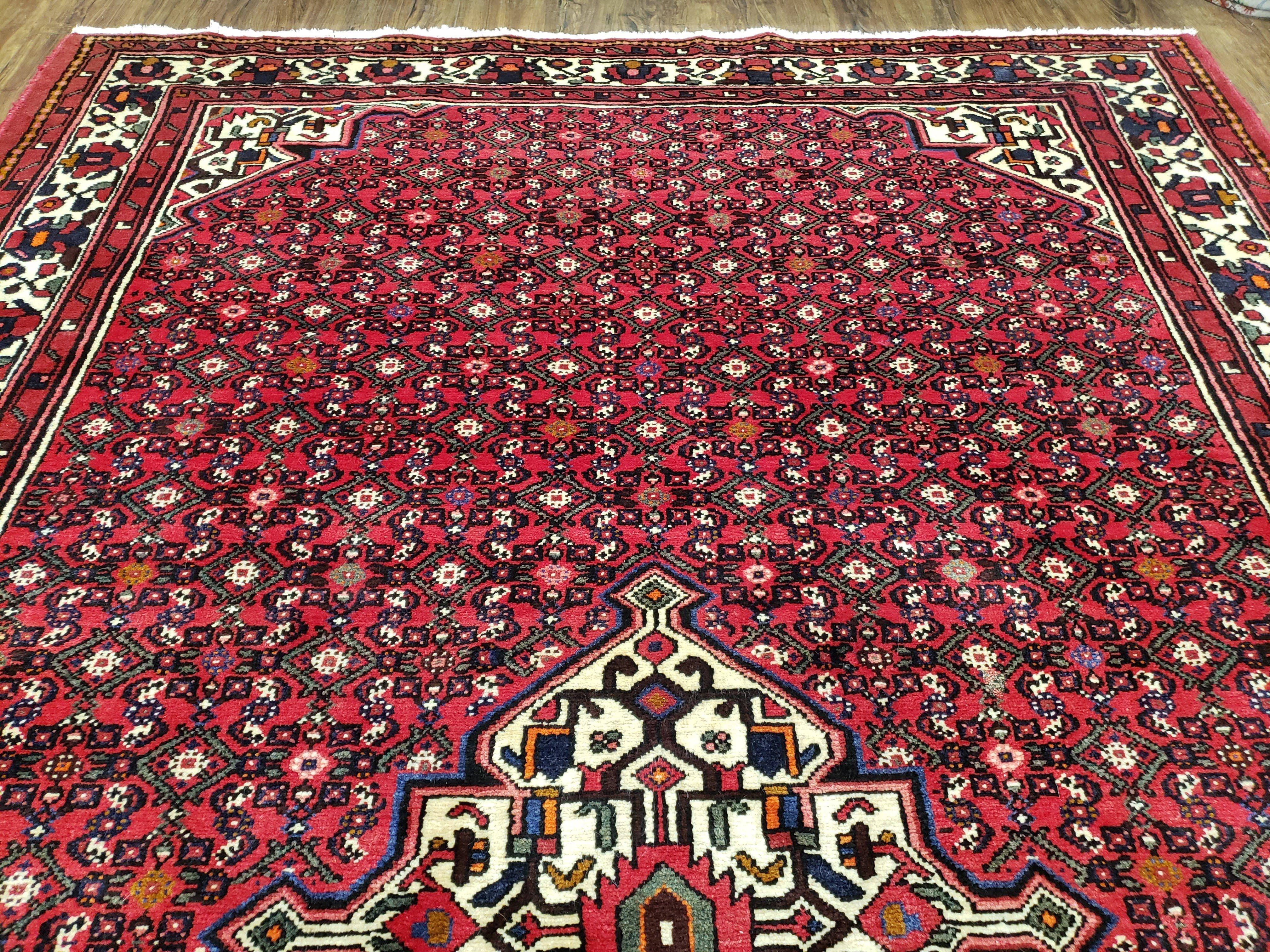 Vintage Persian Hamedan Rug, Angelas Mahi Pattern, Red, Wool, Hand-Knotted, 6'9" x 10' - Jewel Rugs