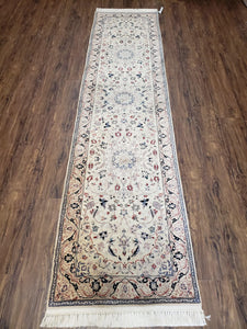 Vintage Sino Persian Runner Rug 2.7 x 10.2, Hand-Knotted Wool Ivory & Teal Persian Design Floral Pattern Carpet, Traditional Fine Oriental Rug - Jewel Rugs