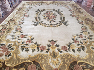 Aubusson Rug 10x14, Elegant French European Design, Vintage Handmade Carpet with Pile, Beige Floral Dining Room Rug, Living Room, Soft Wool - Jewel Rugs